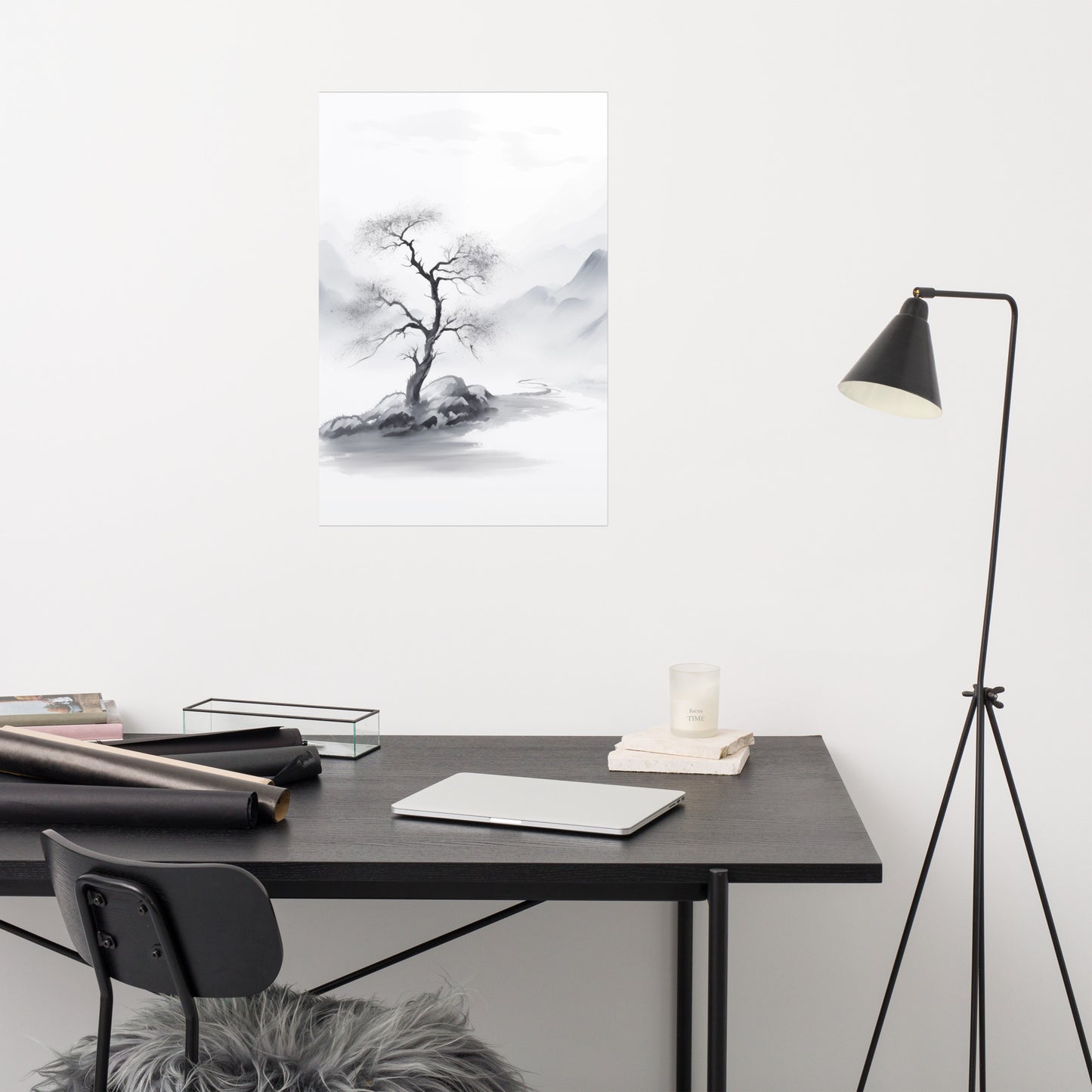 Tree Art: Cliffside Sentinel Ink Painting - Digital Artwork Loose Print