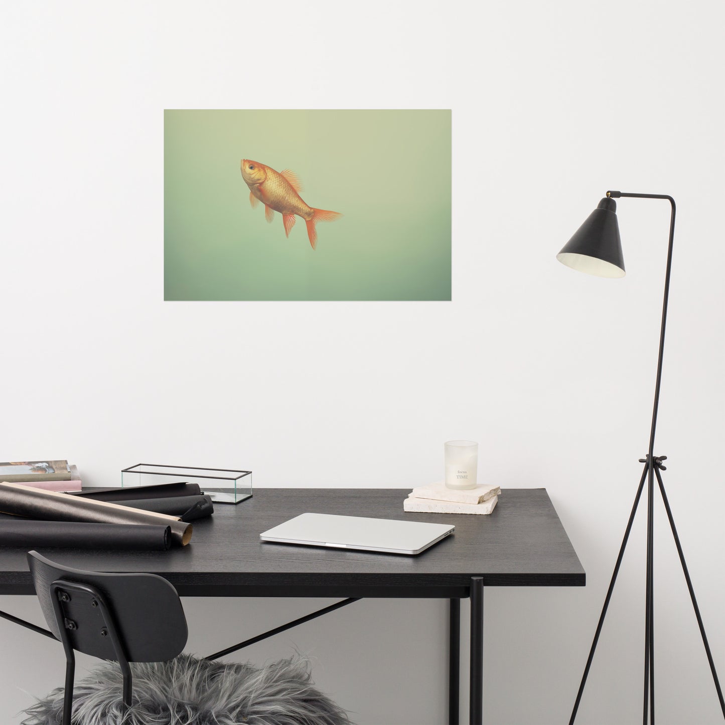 Suspended Serenity Goldfish Minimal Photorealism - Digital Artwork Loose Art Print