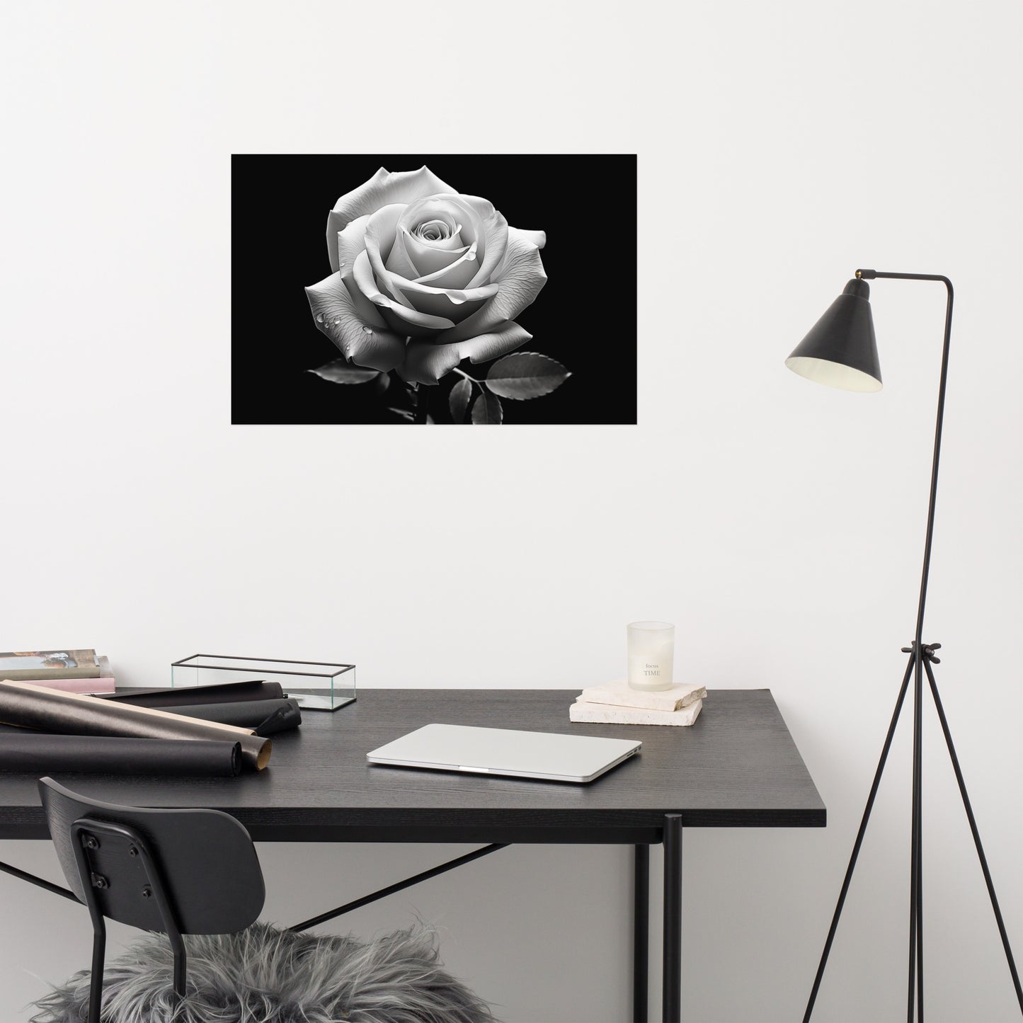 Whispering Petals Black and White Rose Photorealism - Digital Artwork Loose Art Print
