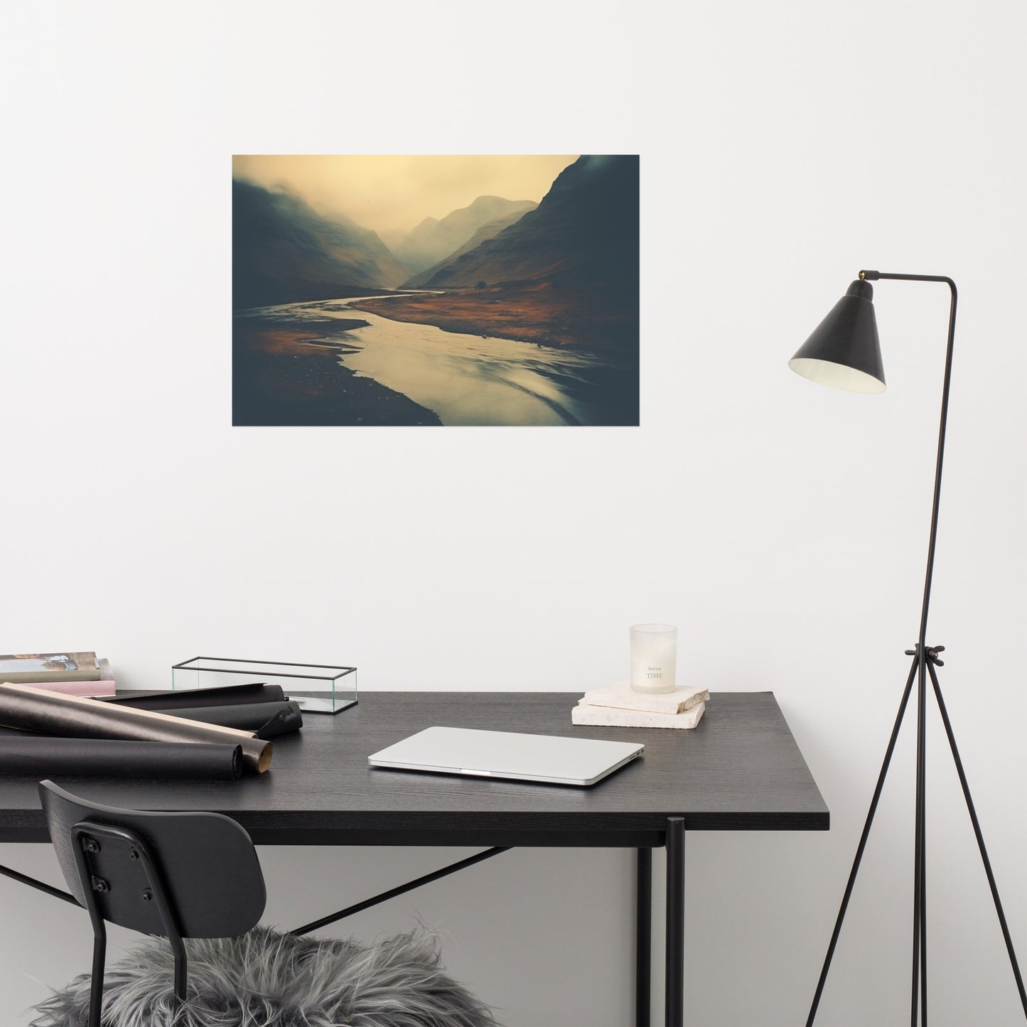 Misty Mountain Valley Vintage Subdued Photorealism - Digital Artwork Loose Art Print