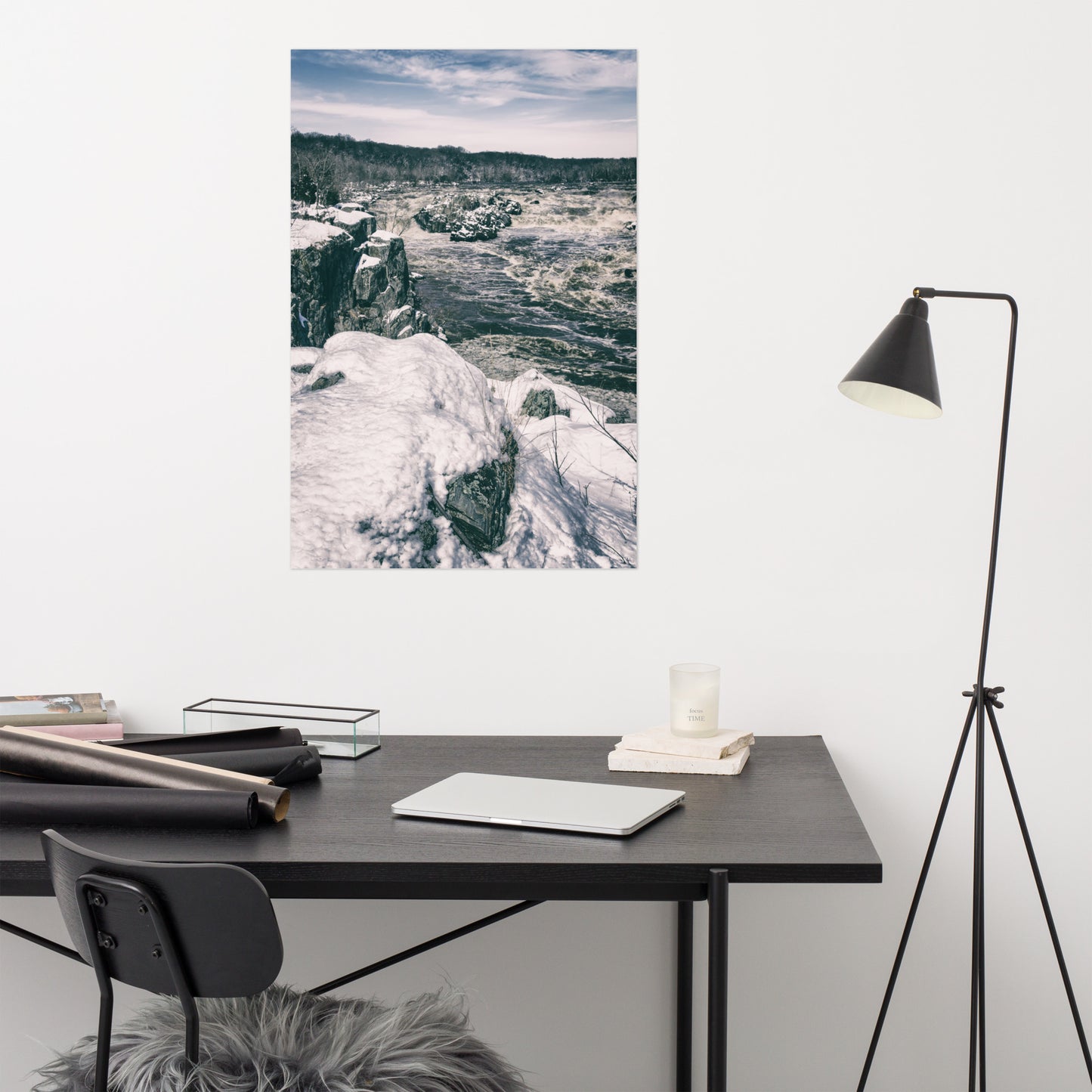 Great Falls Vintage Black and White Rustic Farmhouse Style Landscape Photo Loose Wall Art Print