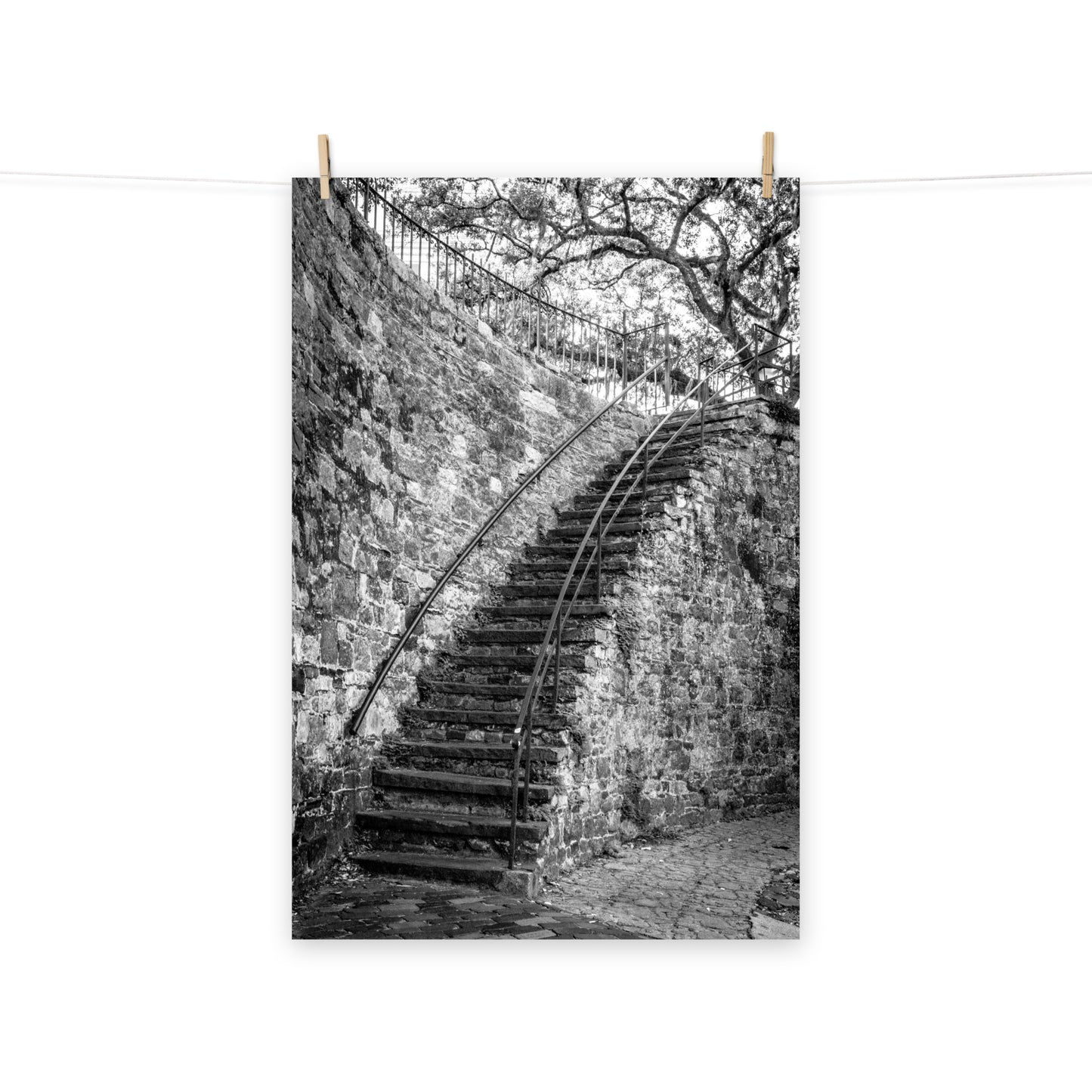 Black and White Old Stone Stairs River Street Savannah Ga Loose Wall Art Print