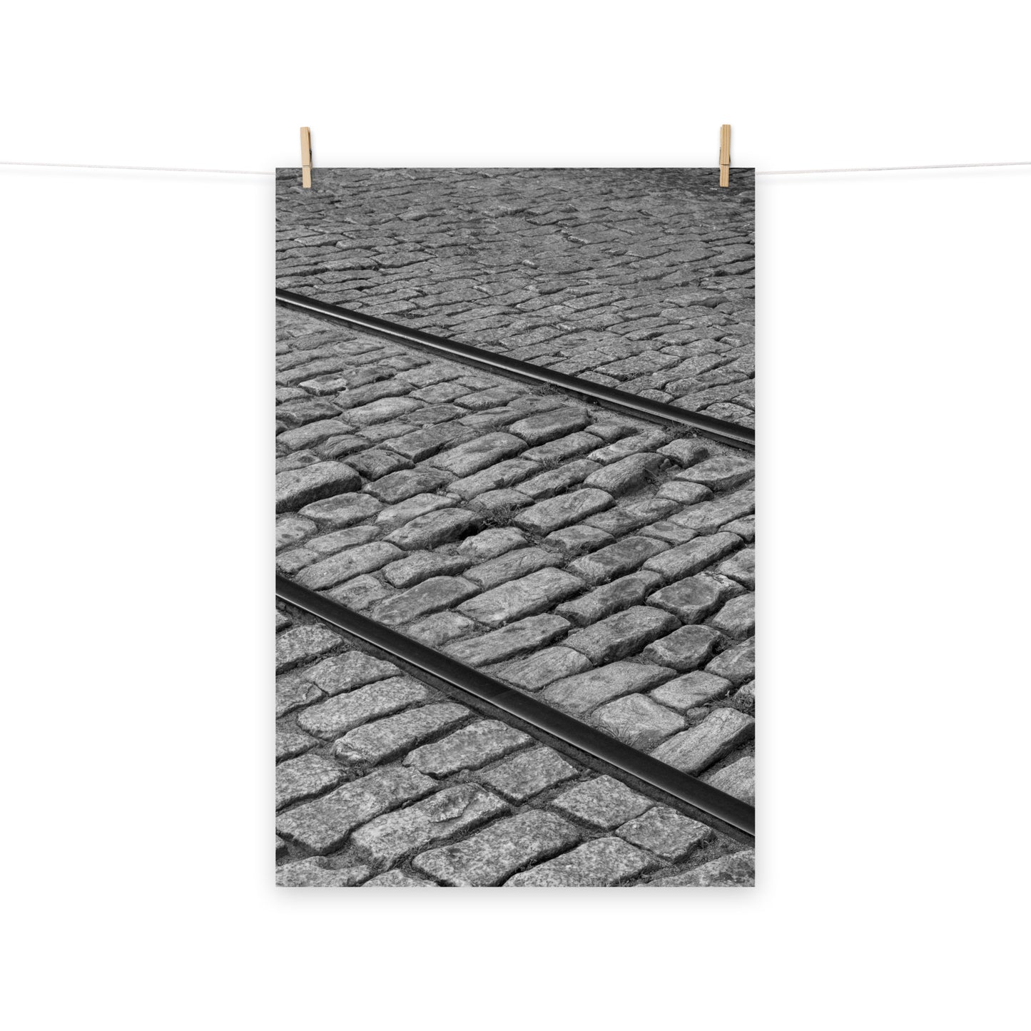 Black and White Train Tracks Cobblestone River Street Savannah Ga Loose Wall Art Print
