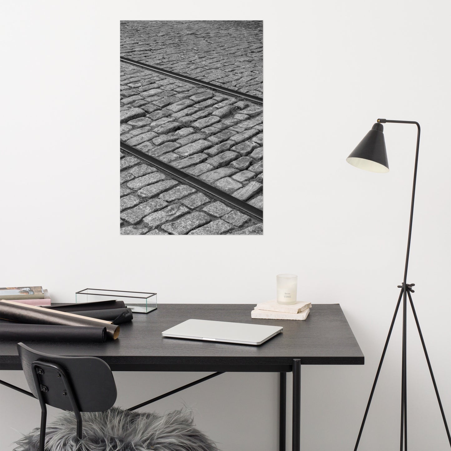 Black and White Train Tracks Cobblestone River Street Savannah Ga Loose Wall Art Print