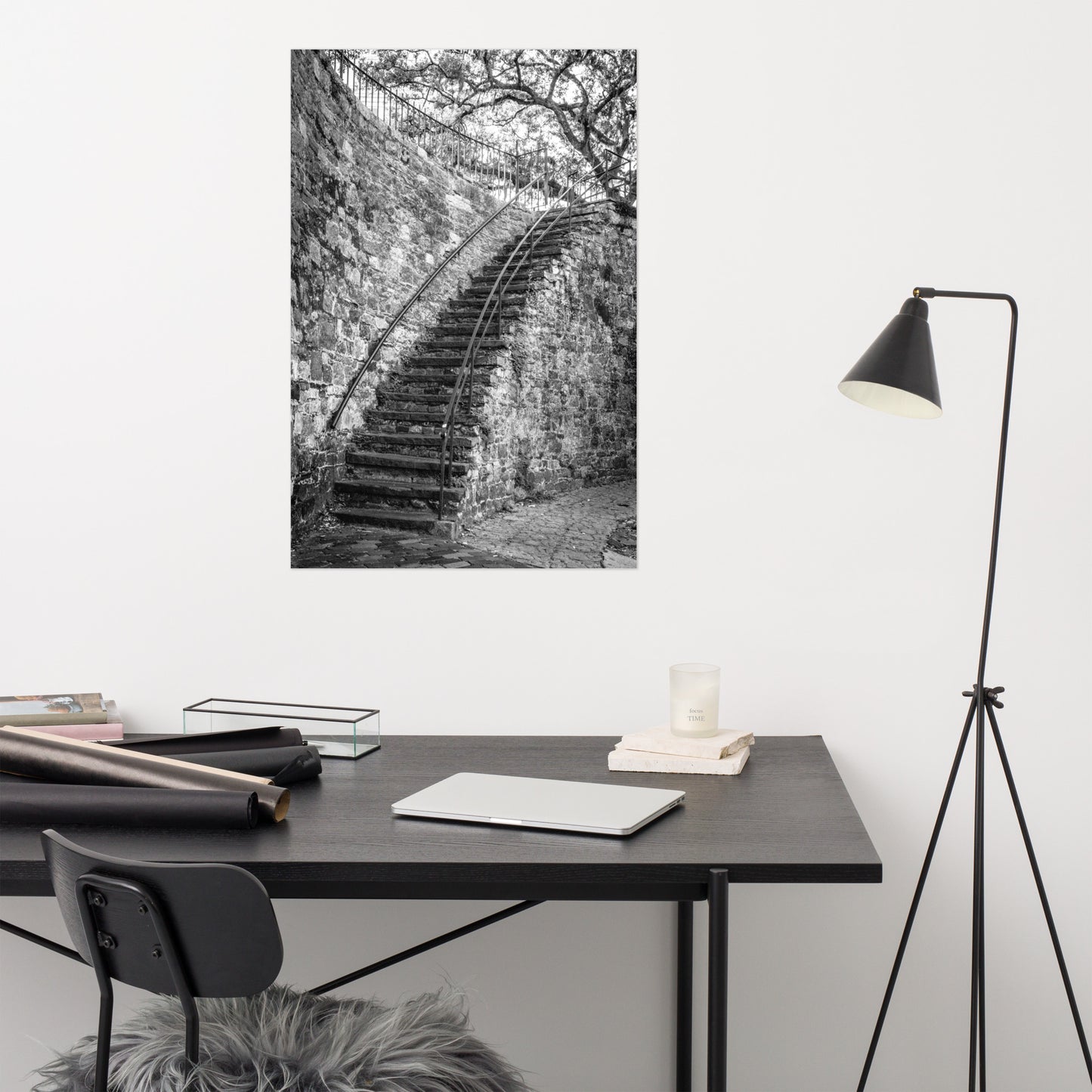 Black and White Old Stone Stairs River Street Savannah Ga Loose Wall Art Print