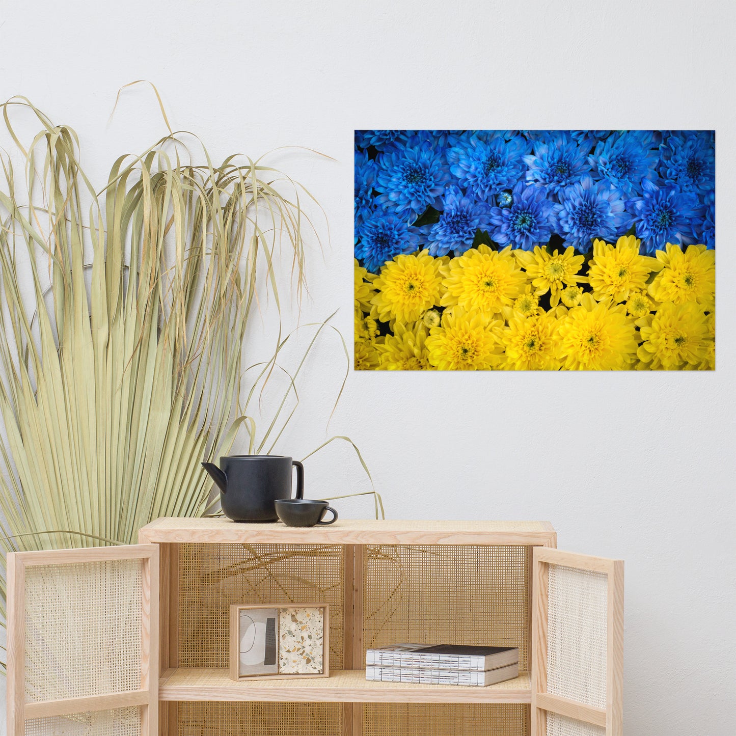 Blue and Yellow Chrysanthemums Nature Photo For Ukraine Refugees Loose Wall Art Print