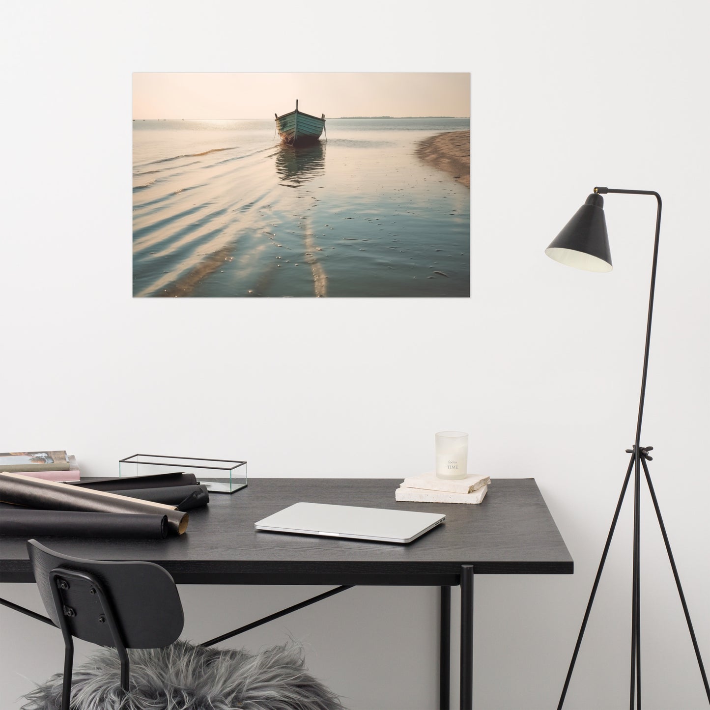 Awaiting Departure Abandoned Weathered Boat Beach Subdued Photorealism - Digital Artwork Loose Print