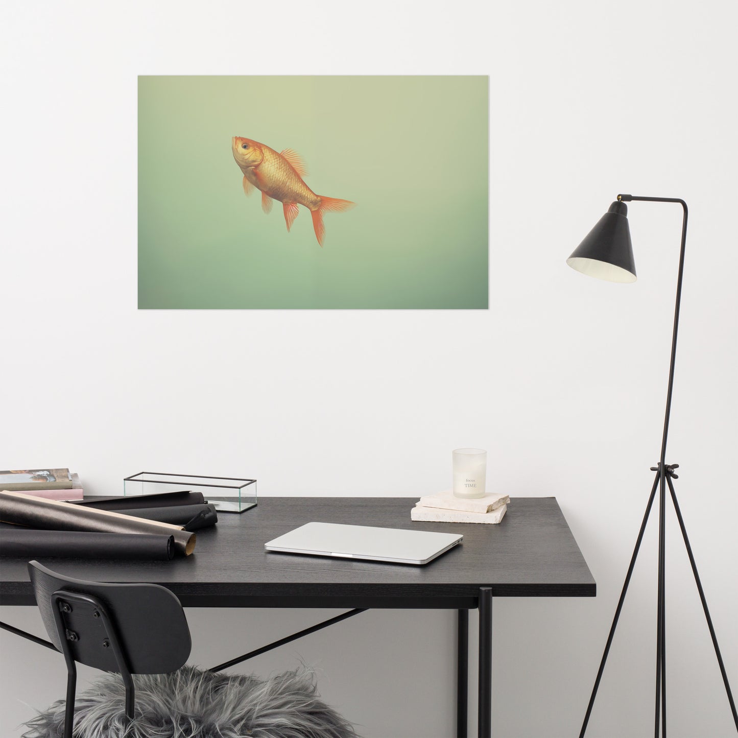Suspended Serenity Goldfish Minimal Photorealism - Digital Artwork Loose Art Print