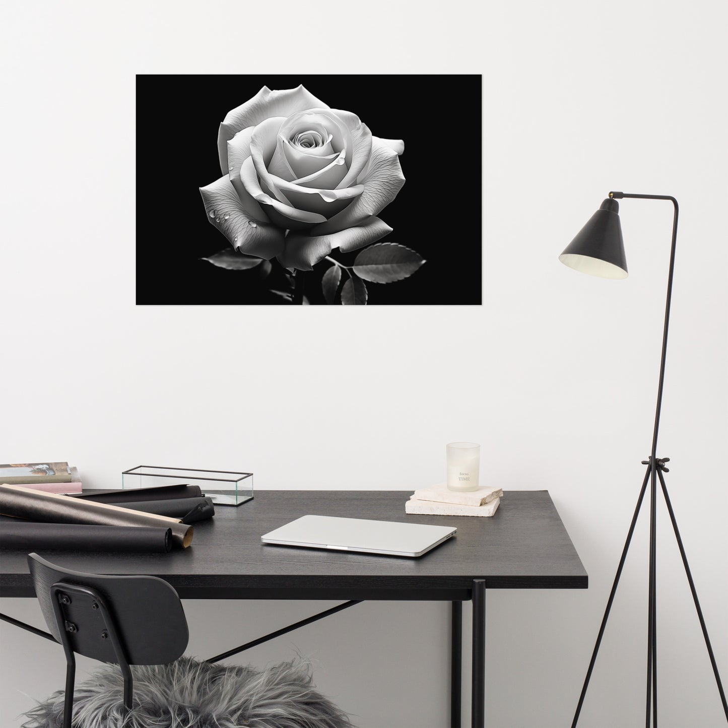 Whispering Petals Black and White Rose Photorealism - Digital Artwork Loose Art Print