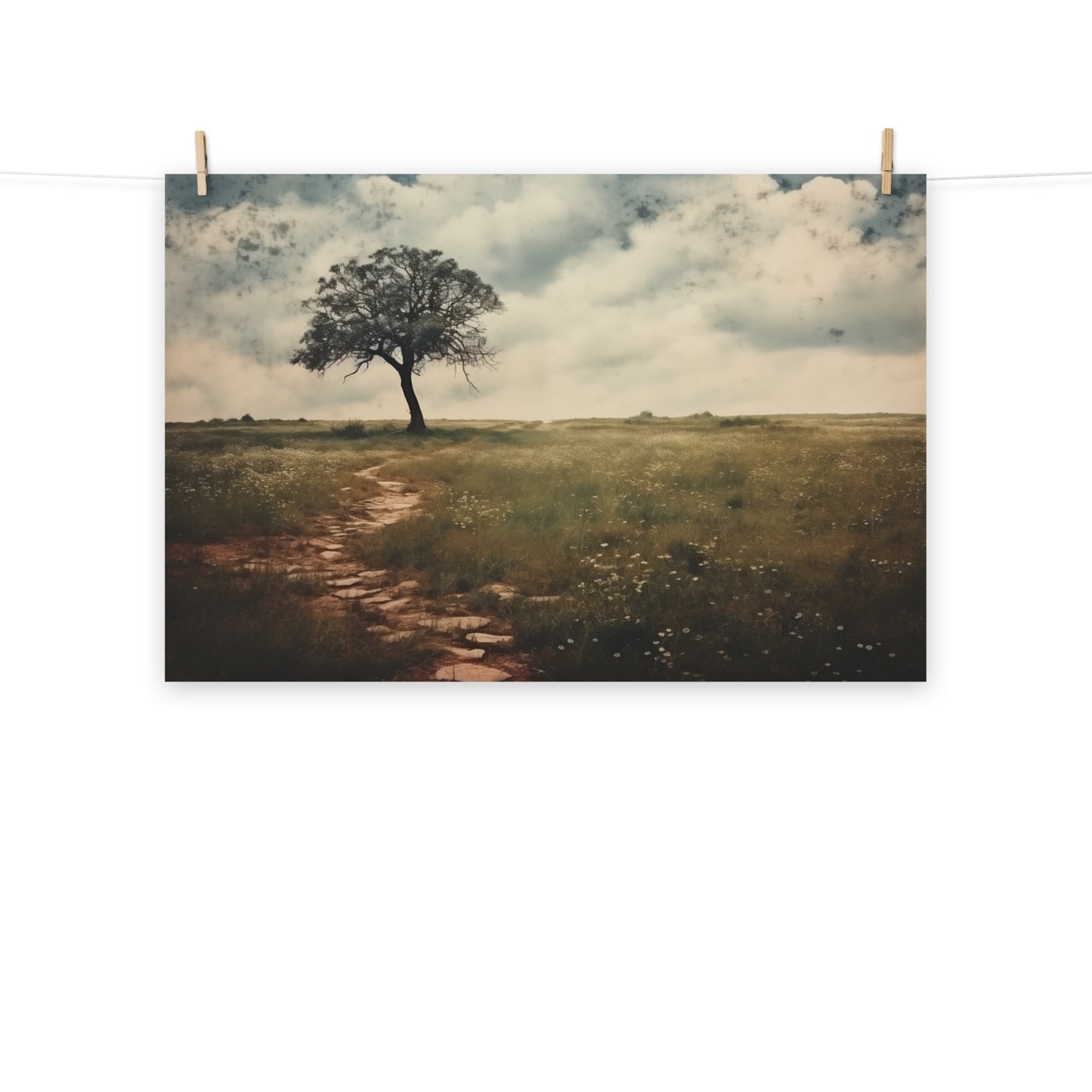 Solitary Meadow Sentinel Subdued Retro Rustic Photorealism - Digital Artwork Loose Art Print