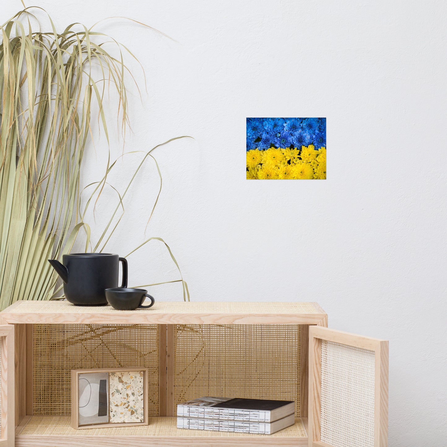 Blue and Yellow Chrysanthemums Nature Photo For Ukraine Refugees Loose Wall Art Print