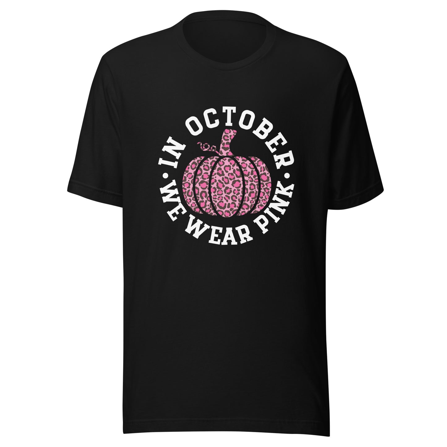October We Wear Pink and Black Leopard Print Pumpkin - Breast Cancer Awareness Unisex T-shirt