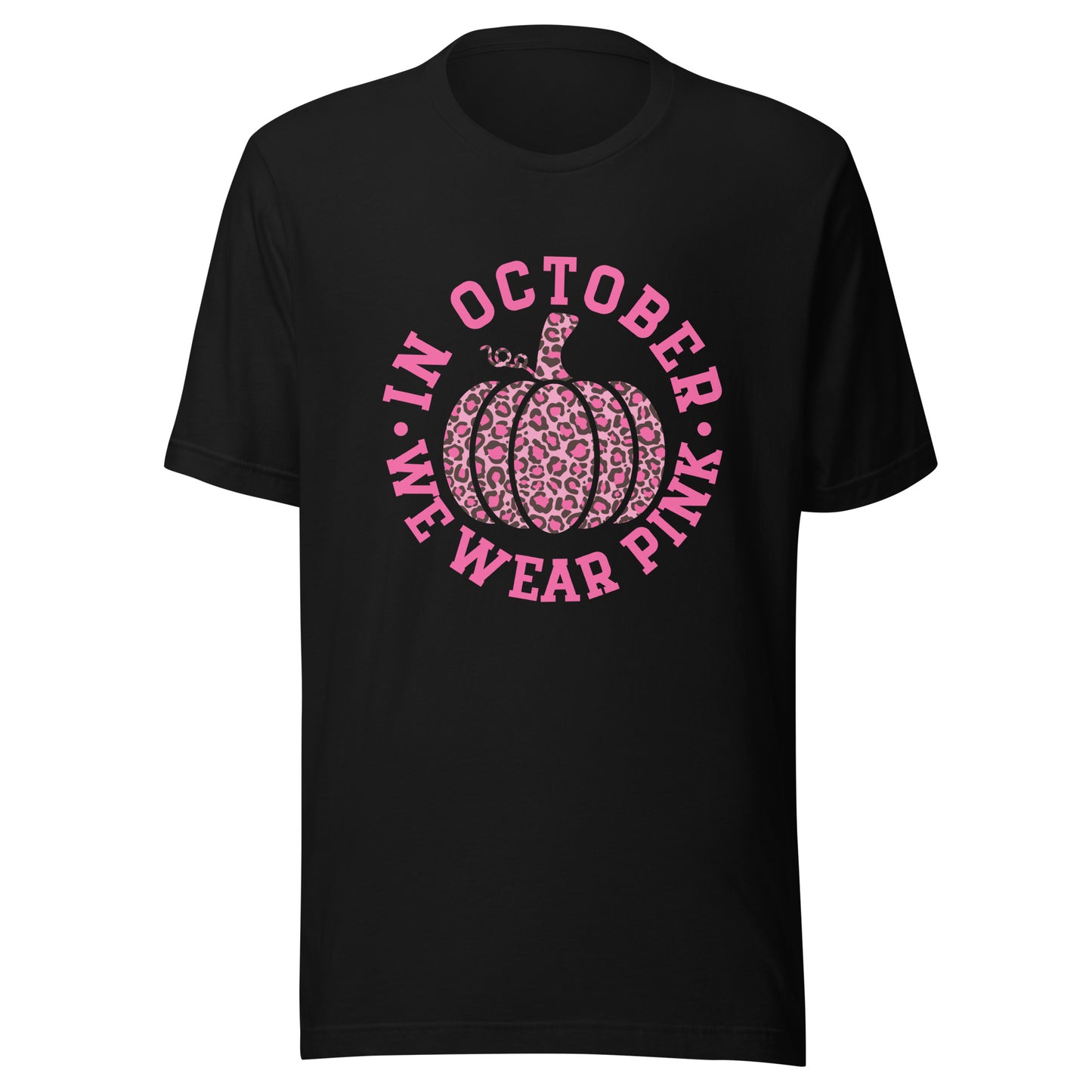 October We Wear Pink and Black Leopard Print Pumpkin - Breast Cancer Awareness Unisex T-shirt