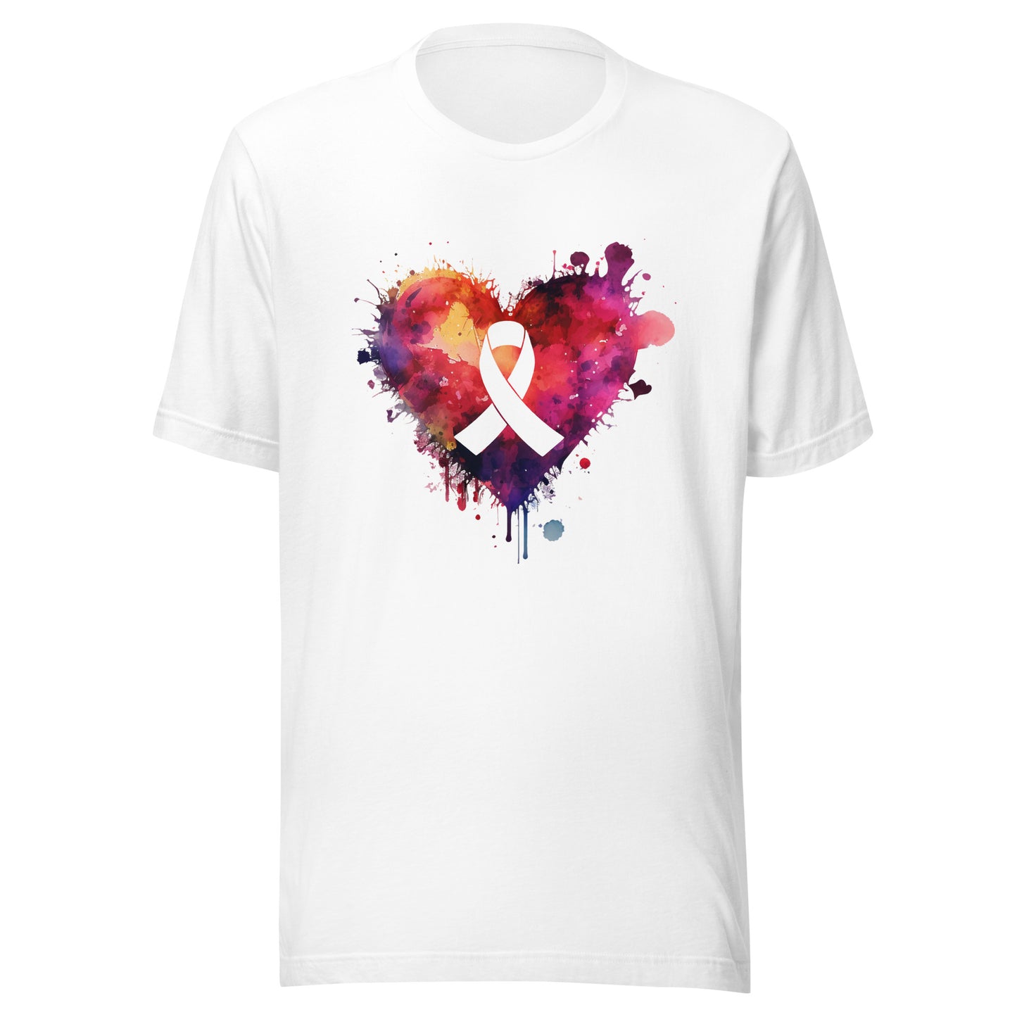 Ribbon in Center of Bold Colorful Heart - Cancer - Digital Watercolor Graphic Design Unisex T-shirt