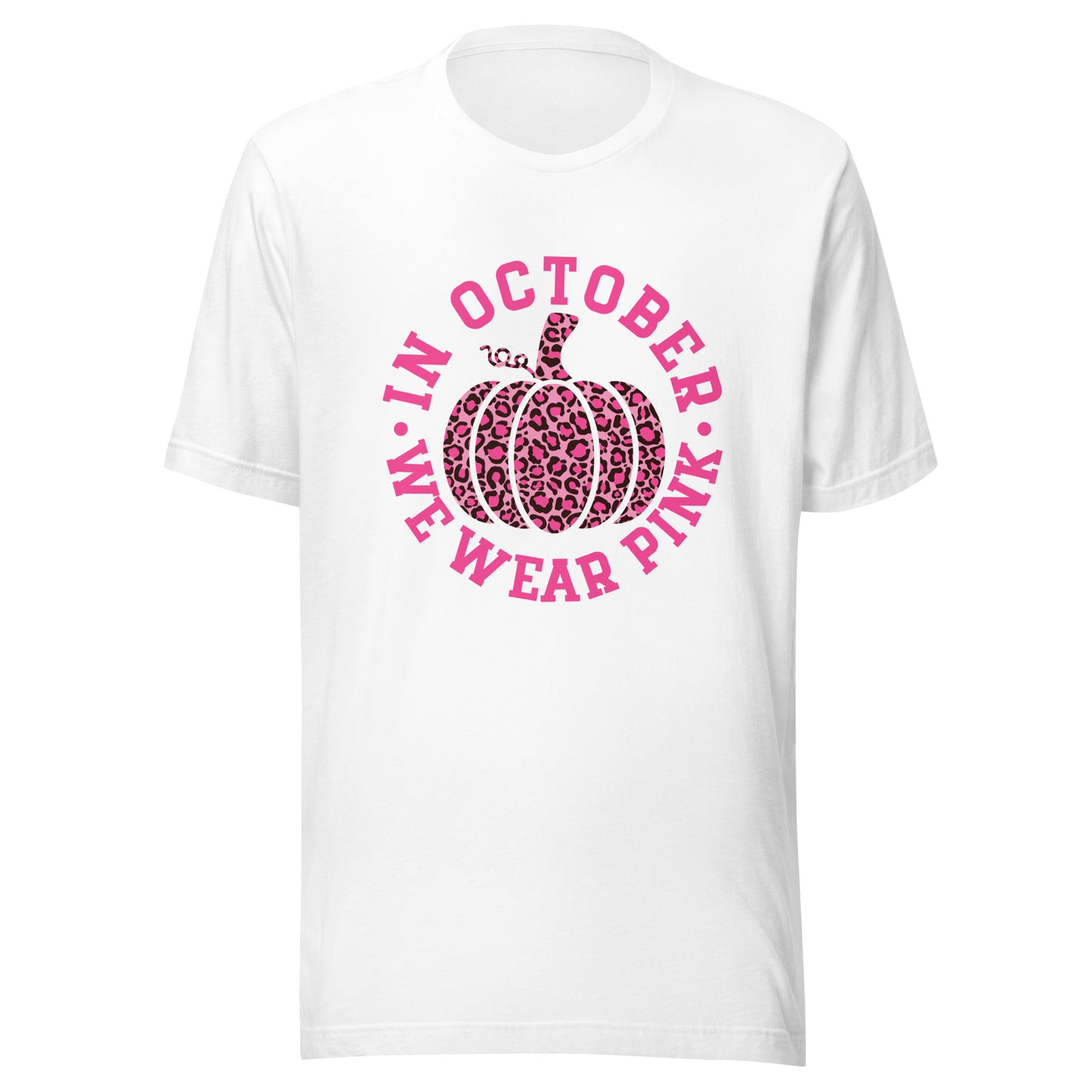 October We Wear Pink and Black Leopard Print Pumpkin - Breast Cancer Awareness Unisex T-shirt