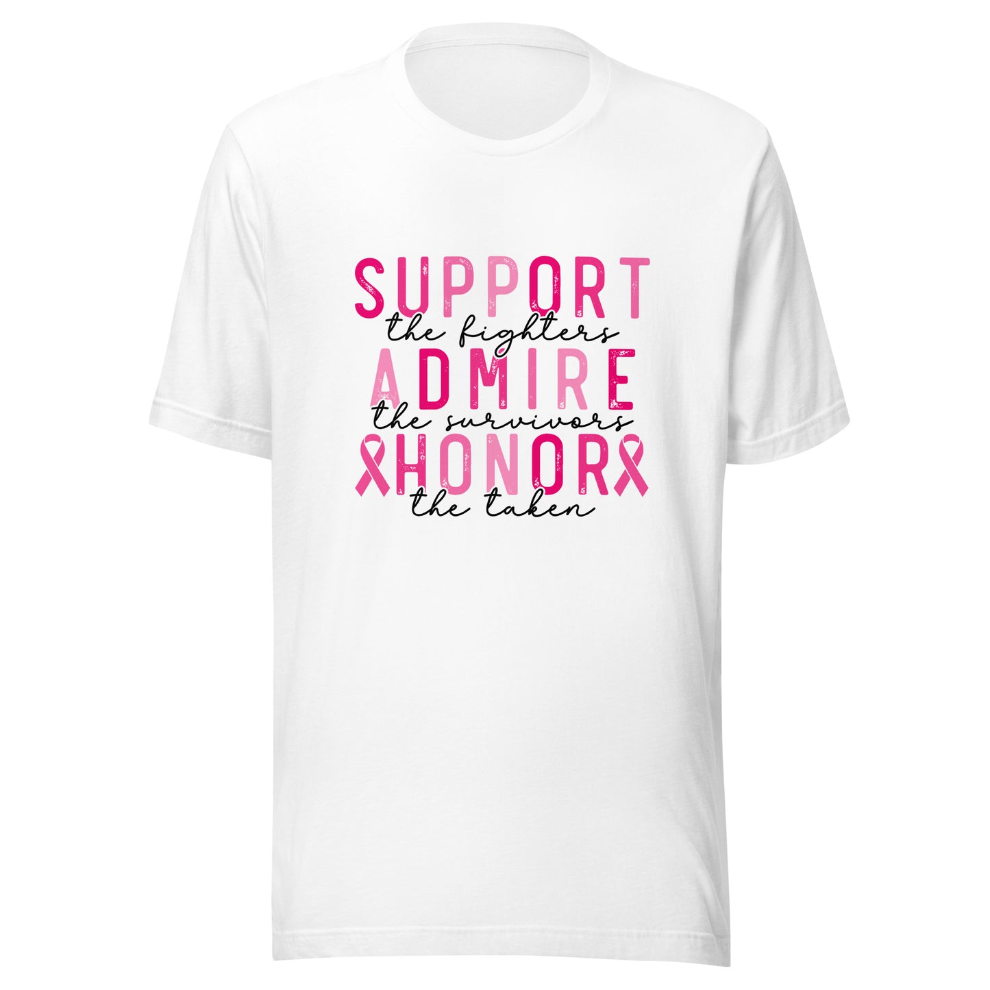Breast Cancer Support - Admire Honor - Survivor - Awareness Pink Ribbon Black Light Pink Font Unisex T-shirt