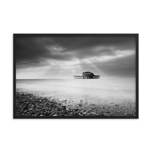 Above Cabinet Wall Decor: Abandoned West Pier Coastal Seascape Black and White Framed Wall Art Prints