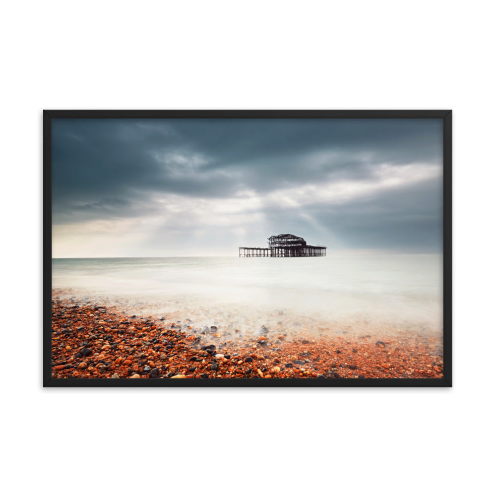 Beach Art Prints Framed: Abandoned West Pier Vintage Gentle Touch Effect - Coastal / Beach / Seascape / Nature / Landscape Photo Framed Wall Art Print - Wall Decor - Artwork