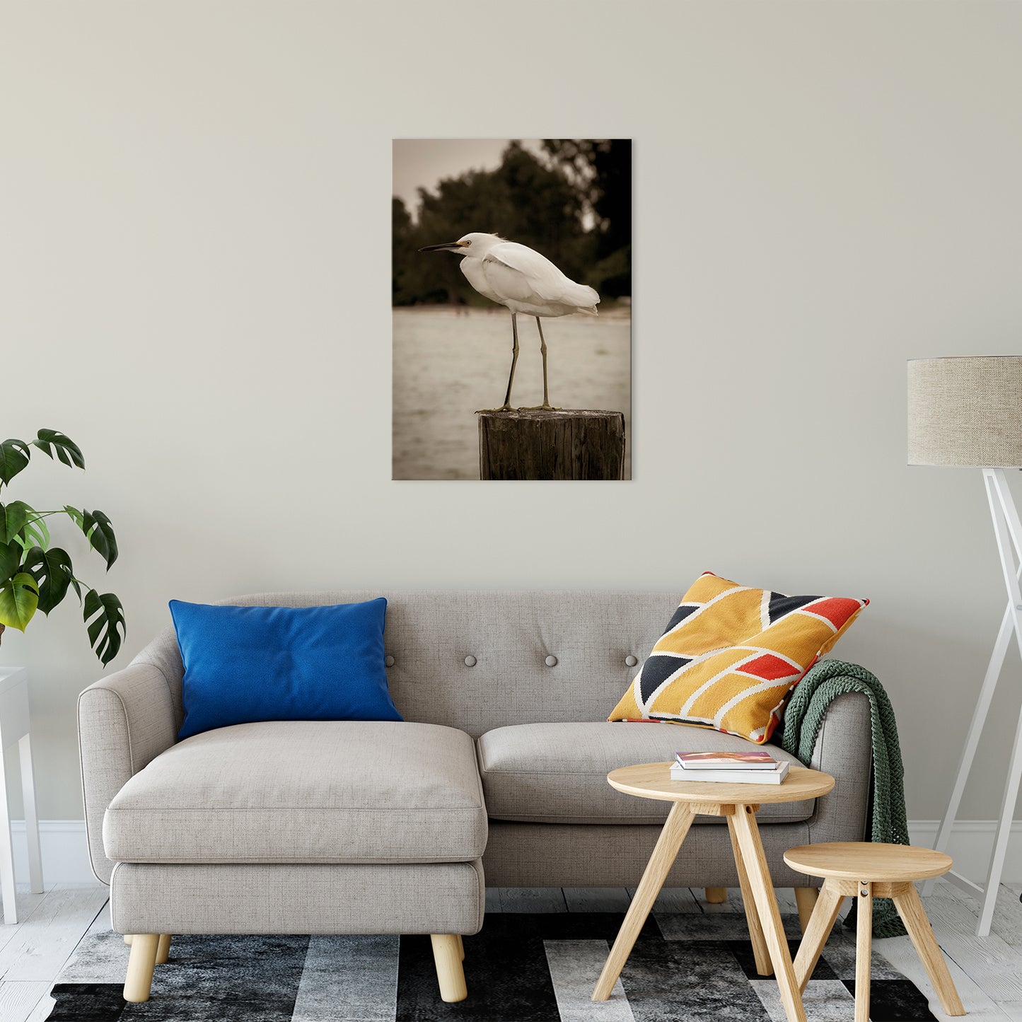 Big Dining Room Wall Decor: Aged Colorized Snowy Egret on Pillar Wildlife Photo Fine Art Canvas & Unframed Wall Art Prints 24" x 36" / Canvas Fine Art - PIPAFINEART