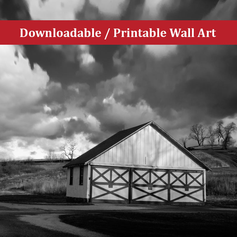Printable Bathroom Prints: Aging Barn in the Morning Sun Black and White Landscape Photo DIY Wall Decor Instant Download Print - Printable - PIPAFINEART