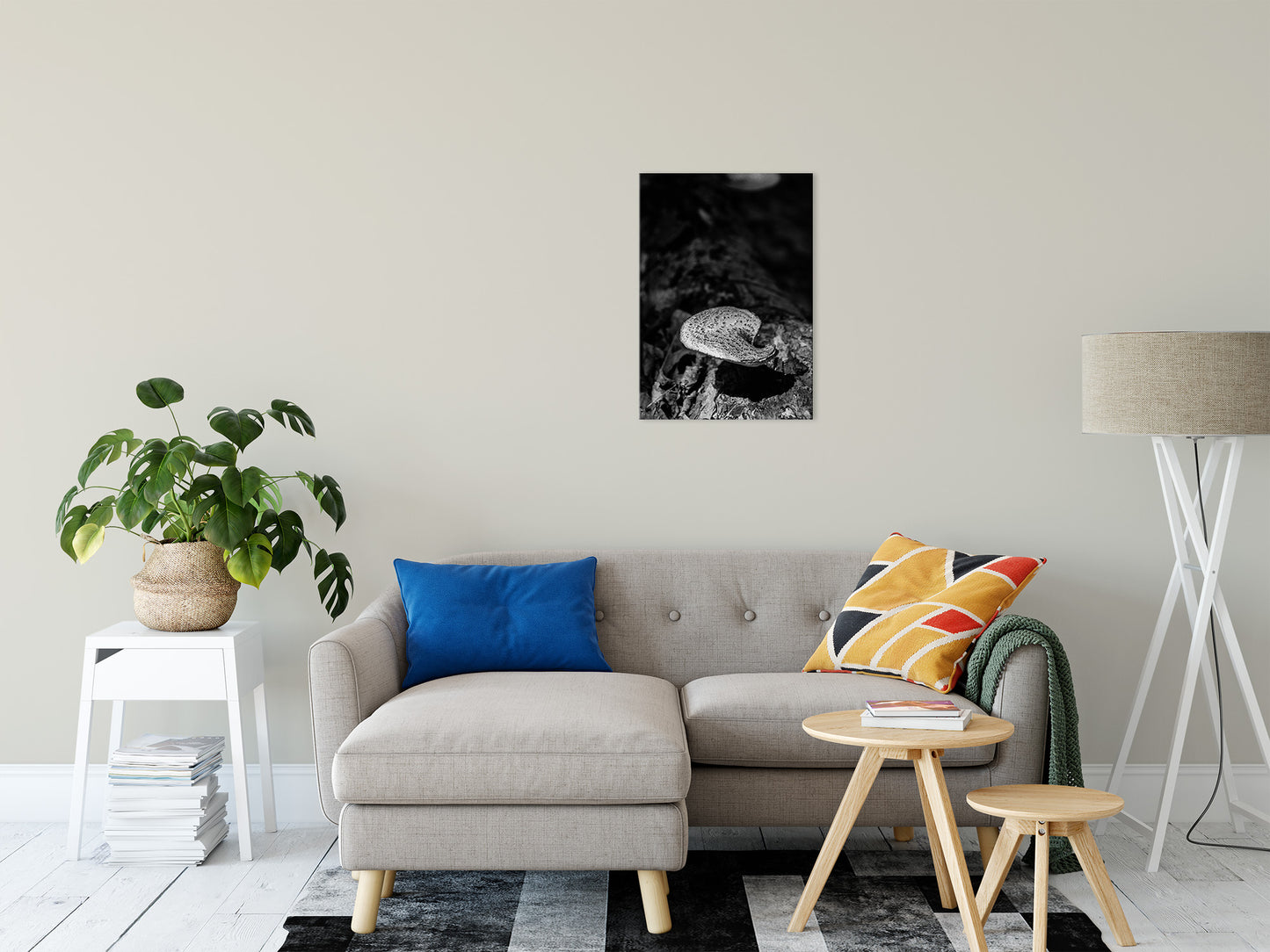 Canvas Rustic Wall Art: Mushroom on Log in Black & White Botanical Photo Fine Art Canvas Wall Art Prints 20" x 24" - PIPAFINEART