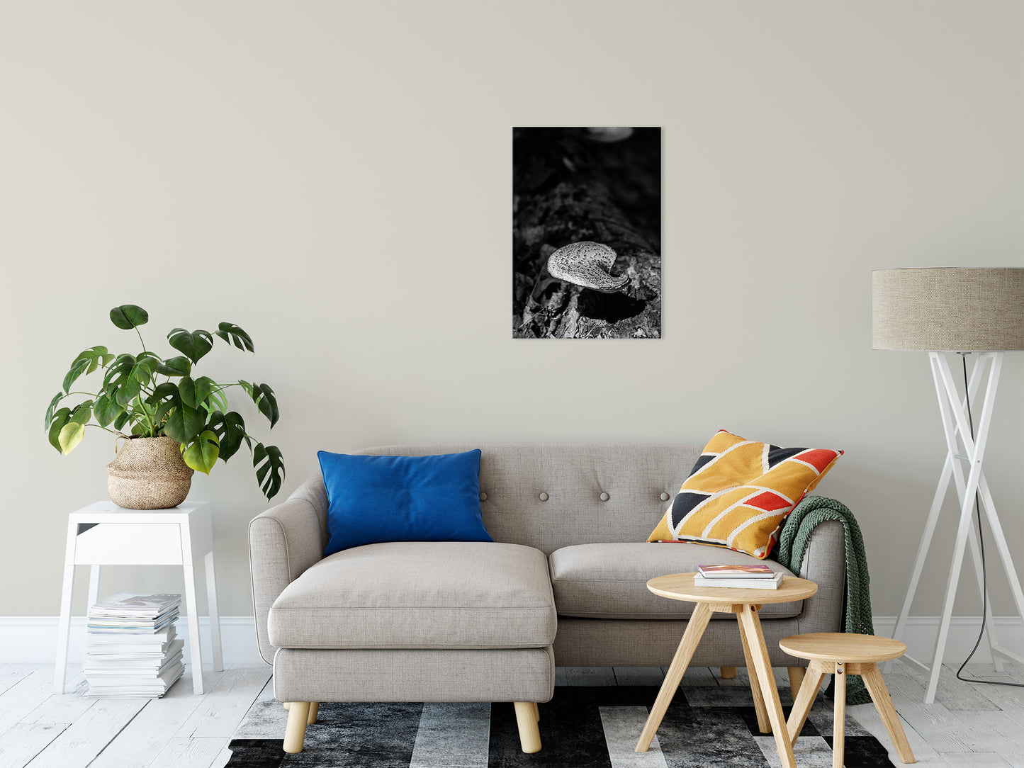 Large Rustic Artwork: Mushroom on Log in Black & White Botanical Photo Fine Art Canvas Wall Art Prints 20" x 30" - PIPAFINEART