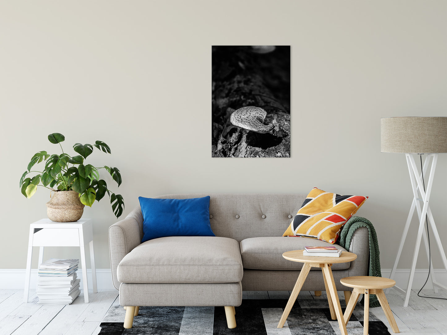 Large Wall Art Rustic: Mushroom on Log in Black & White Botanical Photo Fine Art Canvas Wall Art Prints 24" x 36" - PIPAFINEART