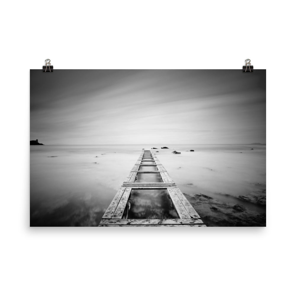 Moody Ocean and Sky Wooden Pier Black and White Coastal Landscape Photo Loose Wall Art Prints
