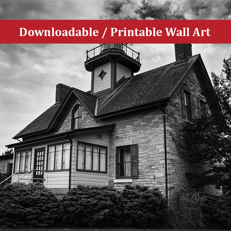 Cedar Point Lighthouse in Black and White Landscape Photo DIY Wall Decor Instant Download Print - Printable - PIPAFINEART
