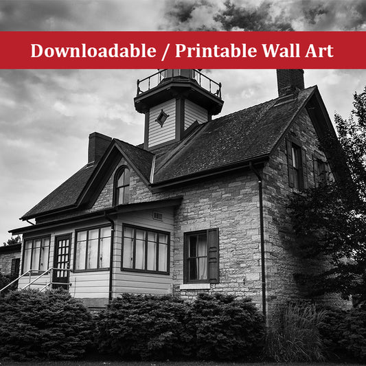 Cedar Point Lighthouse in Black and White Landscape Photo DIY Wall Decor Instant Download Print - Printable  - PIPAFINEART