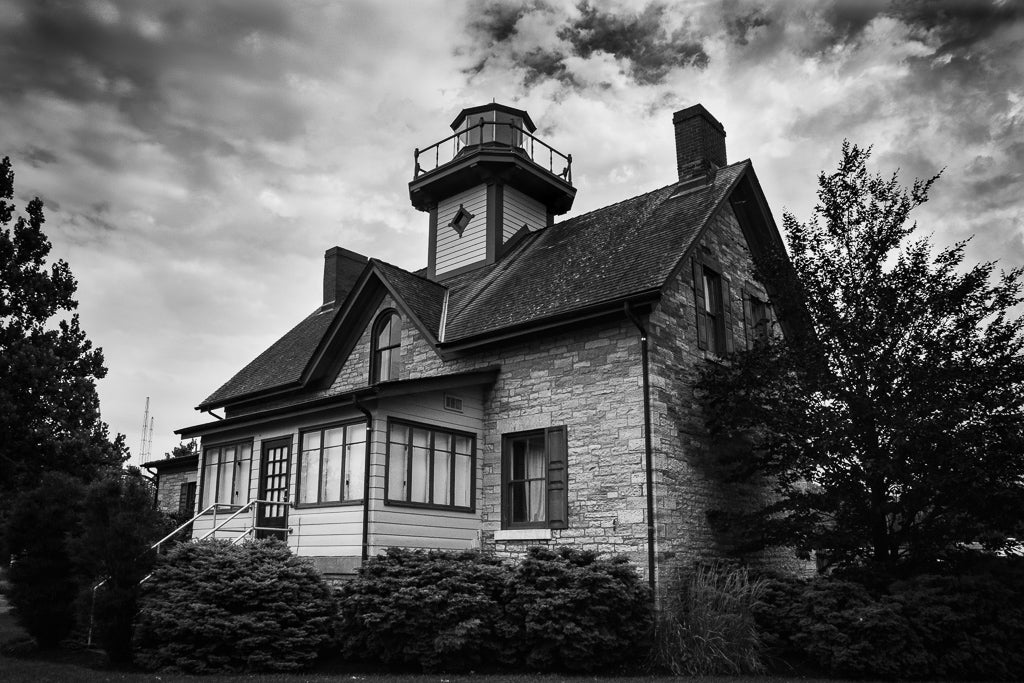 Cedar Point Lighthouse in Black & White Landscape Fine Art Canvas Wall Art Prints - PIPAFINEART