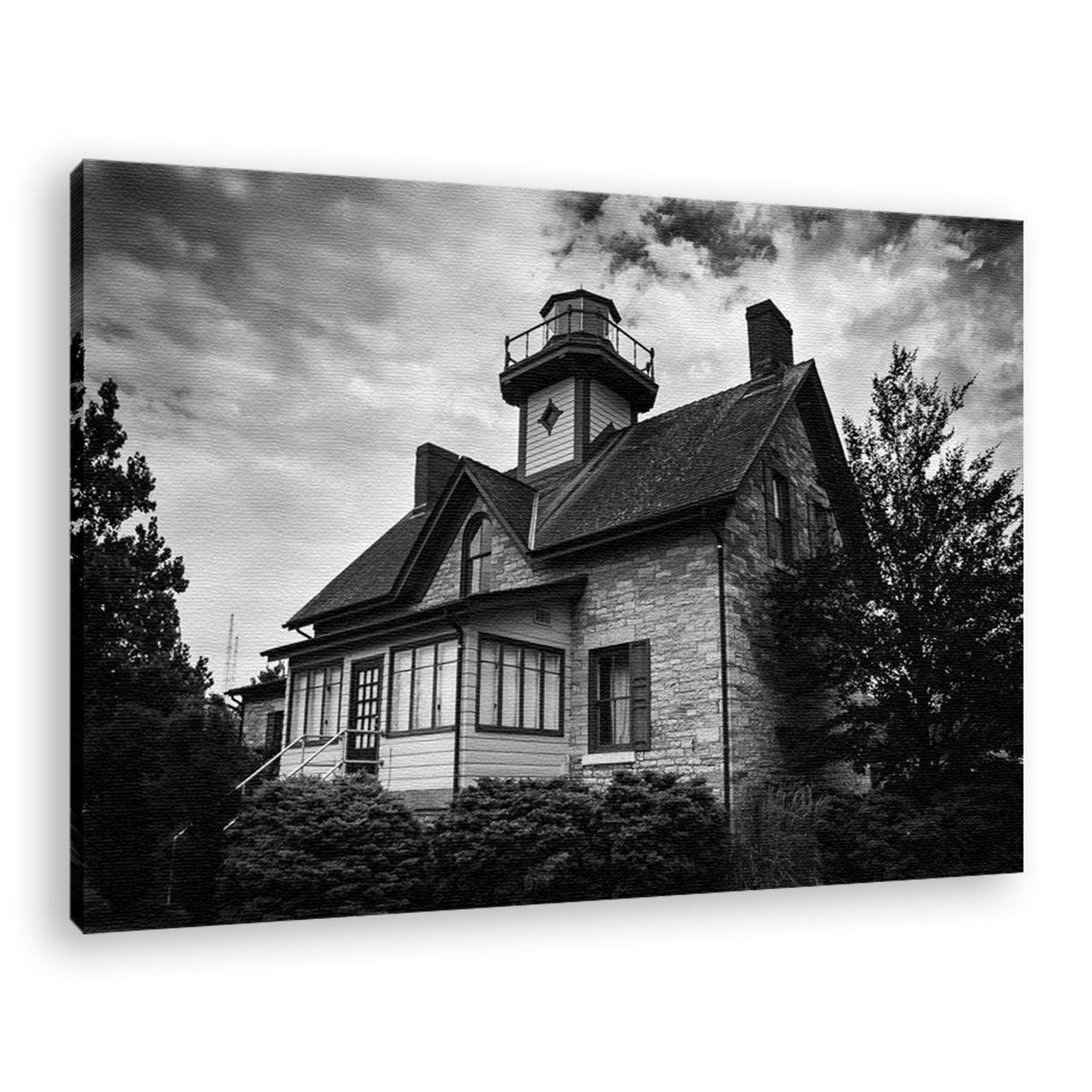 Cedar Point Lighthouse in Black & White Landscape Fine Art Canvas Wall Art Prints - PIPAFINEART