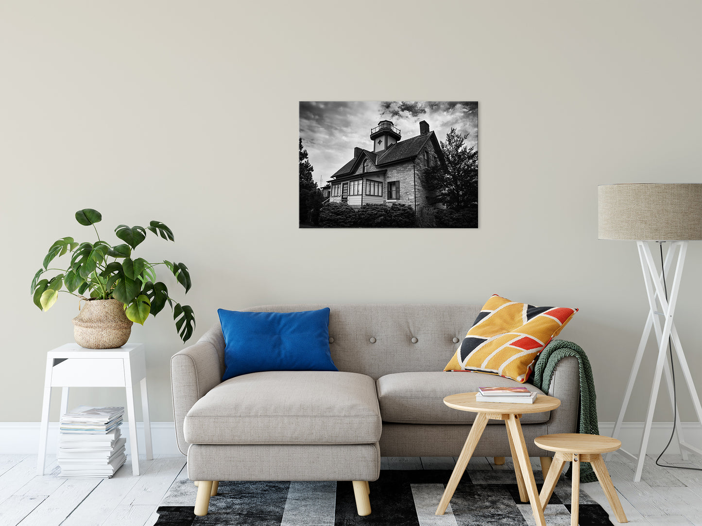 Cedar Point Lighthouse in Black & White Landscape Fine Art Canvas Wall Art Prints 24" x 36" - PIPAFINEART