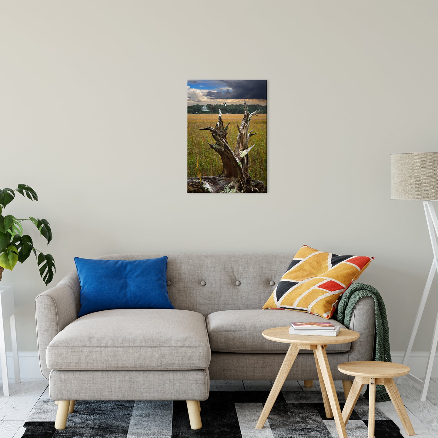 Ocean Beach Wall Decor: Dead Tree and Amelia Lighthouse Coastal Landscape Photo Fine Art Canvas Wall Art Print