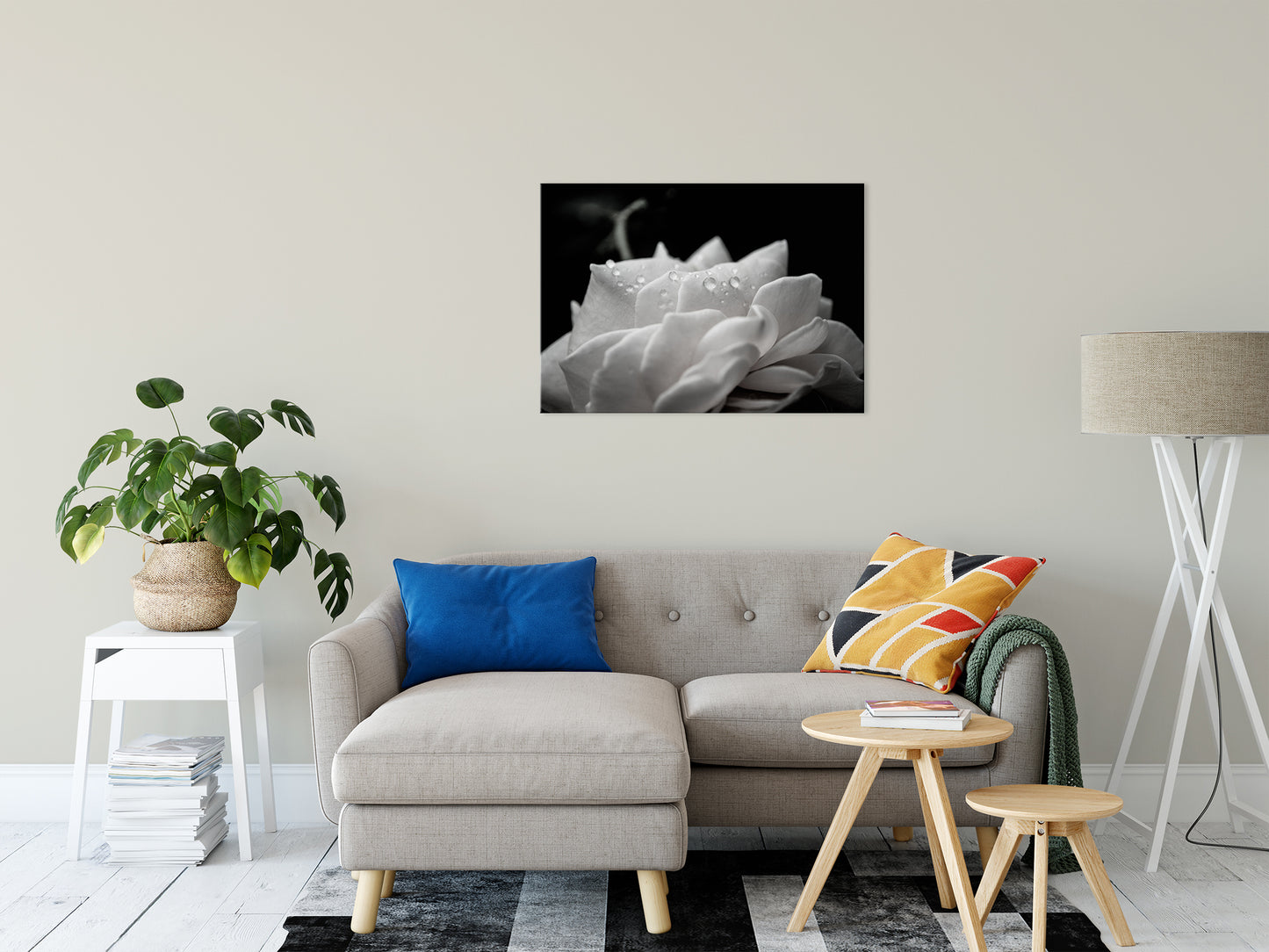 Delicate Rose with Water Droplets - Black and White - Nature / Floral Photo Fine Art Canvas Wall Art Prints 24" x 36" - PIPAFINEART