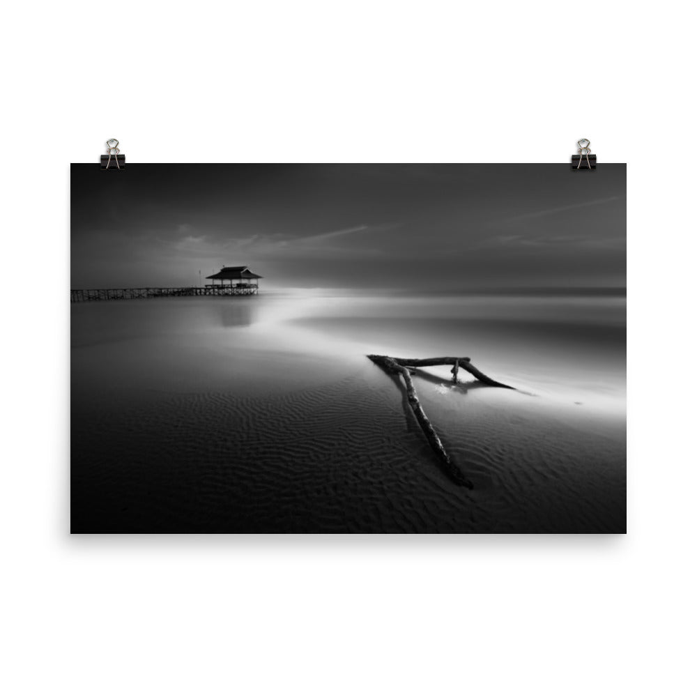 Dramatic Beach with Driftwood Black and White Coastal Landscape Photo Loose Wall Art Prints