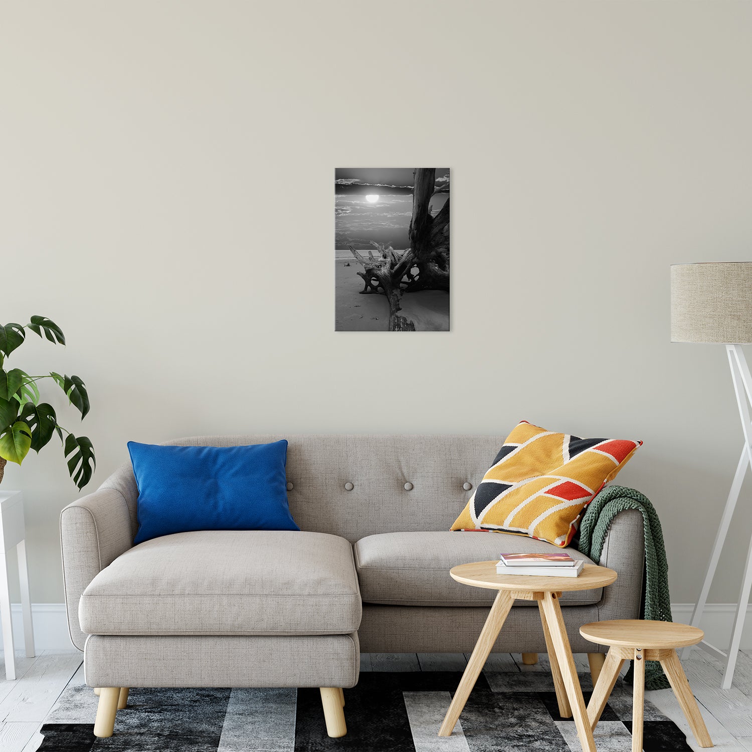 Beach Themed Bathroom Wall Art: Dried Tree Roots and Sunrise 2 Black and White Landscape Photo Fine Art Canvas Wall Art Print