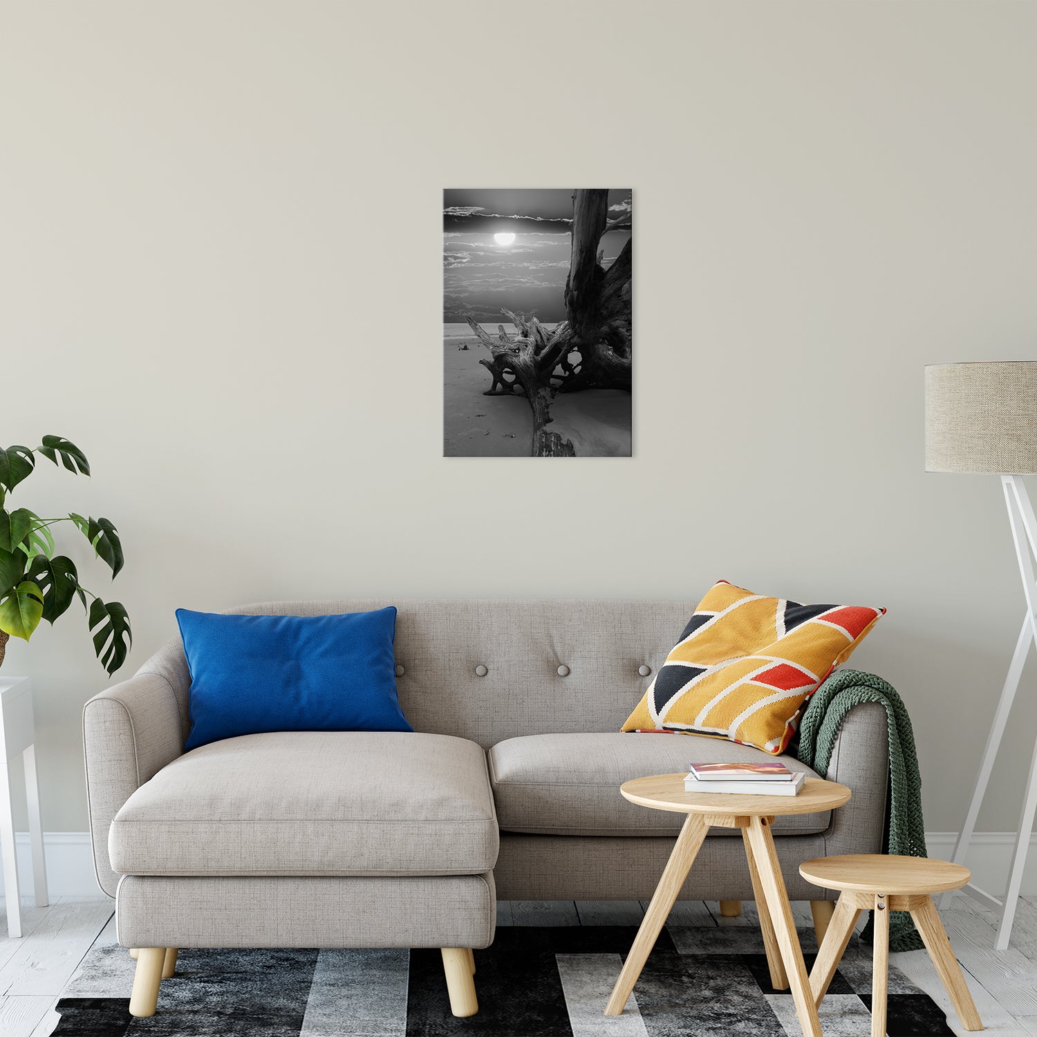 Coastal Wall Decor For Bedroom: Dried Tree Roots and Sunrise 2 Black and White Landscape Photo Fine Art Canvas Wall Art Print