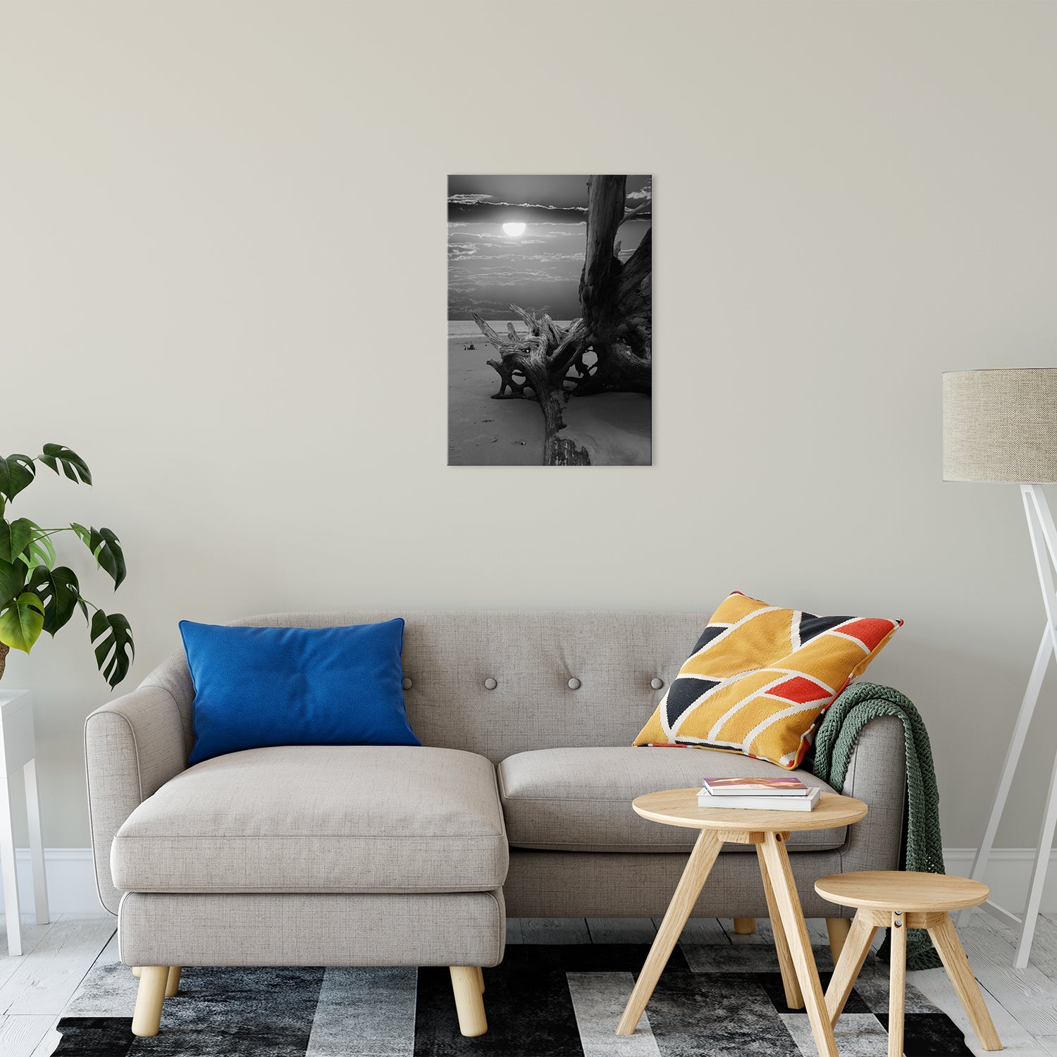 Whimsical Beach Wall Art: Dried Tree Roots and Sunrise 2 Black and White Landscape Photo Fine Art Canvas Wall Art Print