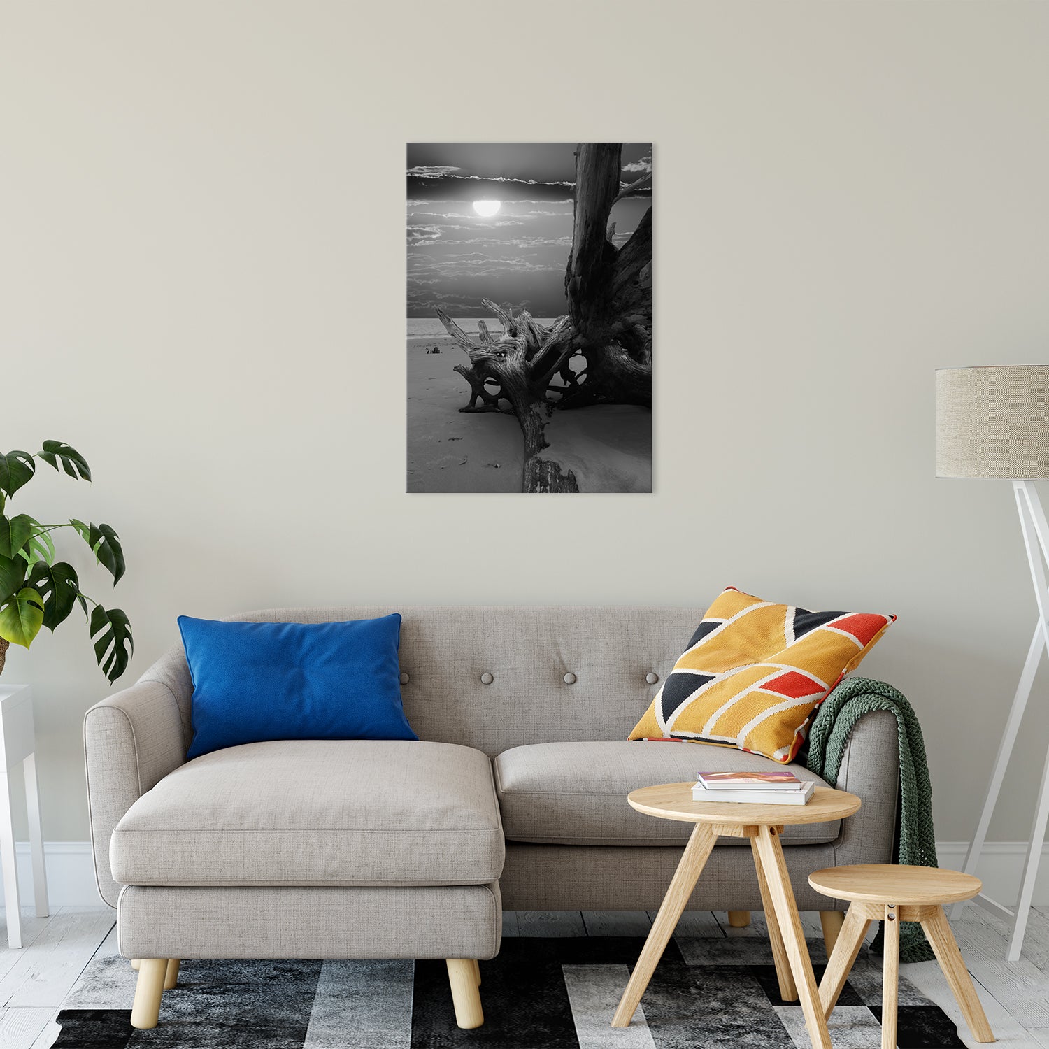 Large Beach Themed Wall Art: Dried Tree Roots and Sunrise 2 Black and White Landscape Photo Fine Art Canvas Wall Art Print