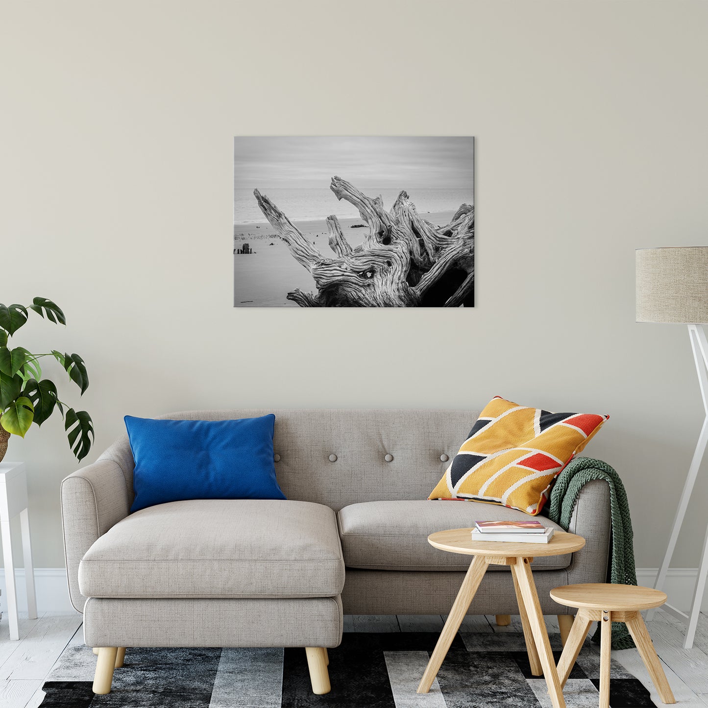 Coastal Wall Accents: Driftwood on Boneyard Beach Florida 4 Black and White Coastal Nature Photo Fine Art Canvas Wall Art Print