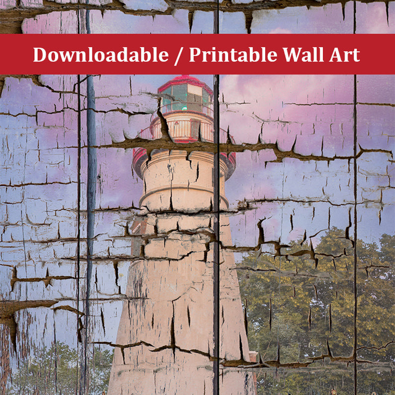 Faux Wood Texture Marblehead Lighthouse at Sunset Landscape Photo DIY Wall Decor Instant Download Print - Printable - PIPAFINEART