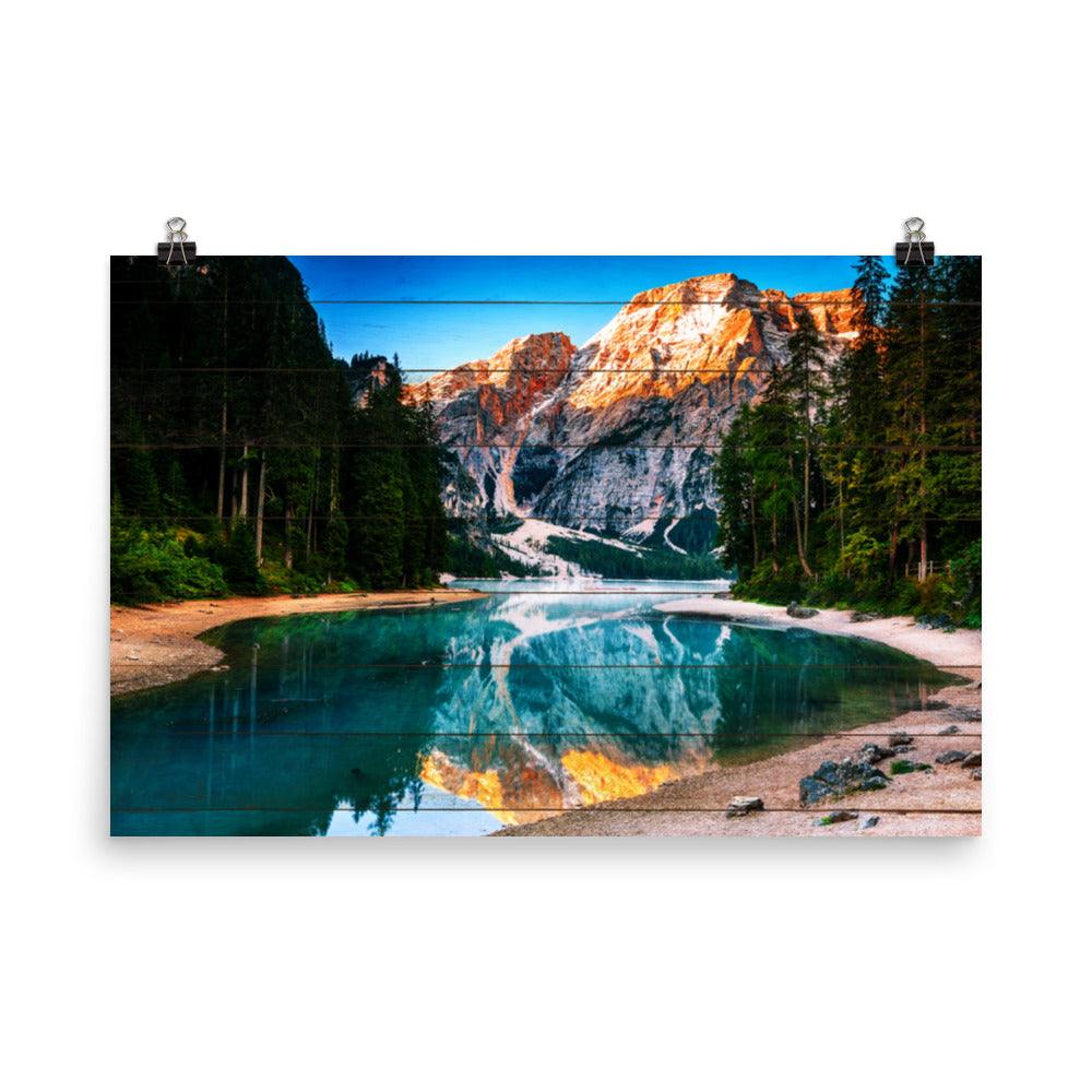 Faux Wood Misty Lake & Snowcap Mountain Reflections Loose Wall Art Prints - PIPAFINEART