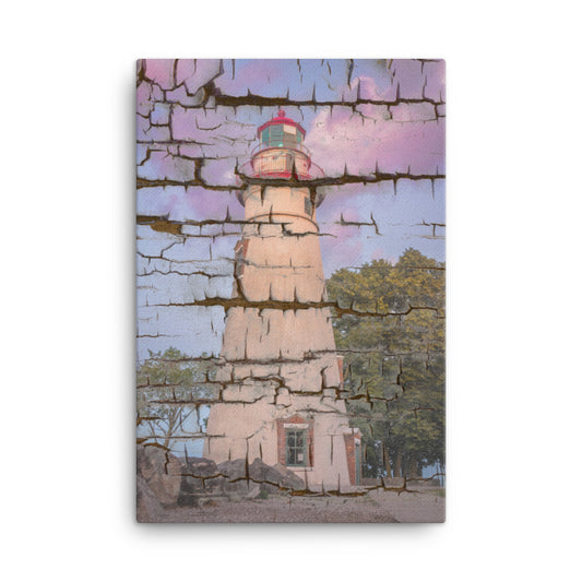 Faux Wood Texture Marblehead Lighthouse at Sunset Canvas Wall Art Prints