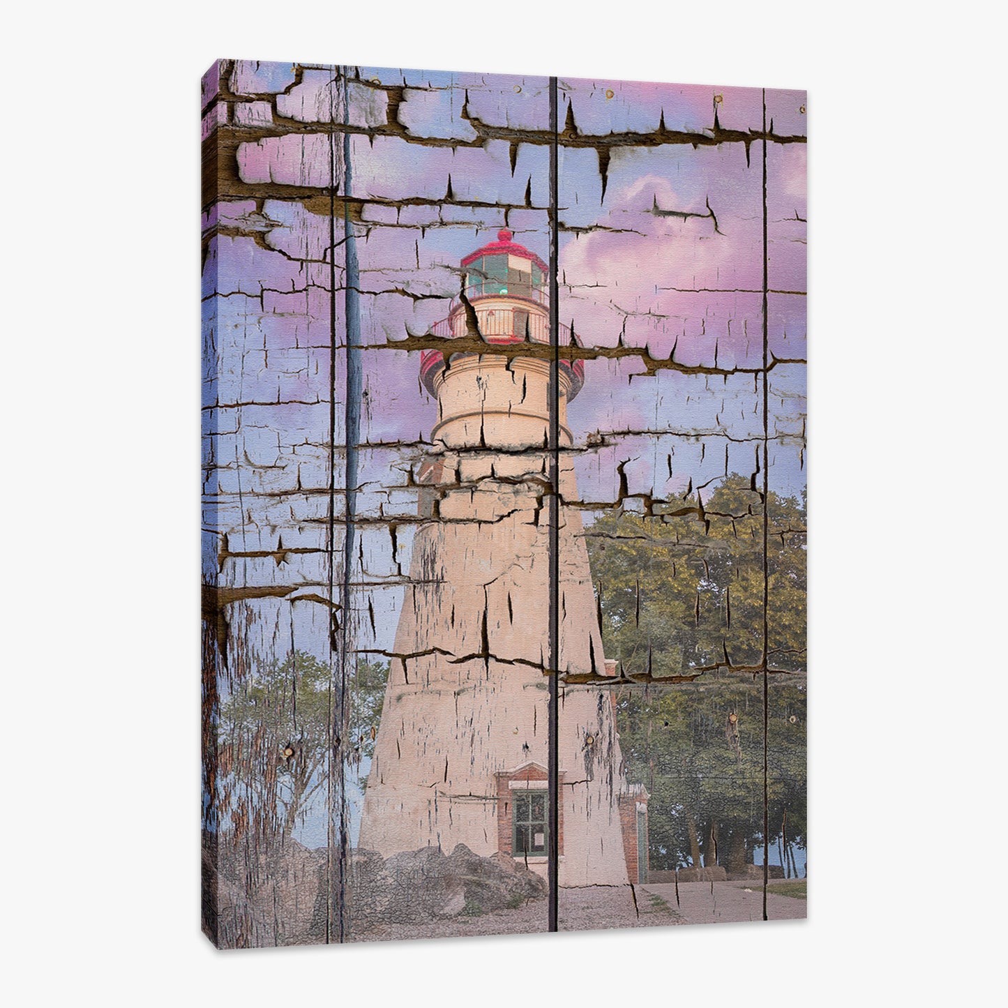 Faux Wood Texture Marblehead Lighthouse at Sunset Fine Art Canvas Wall Art Prints - PIPAFINEART