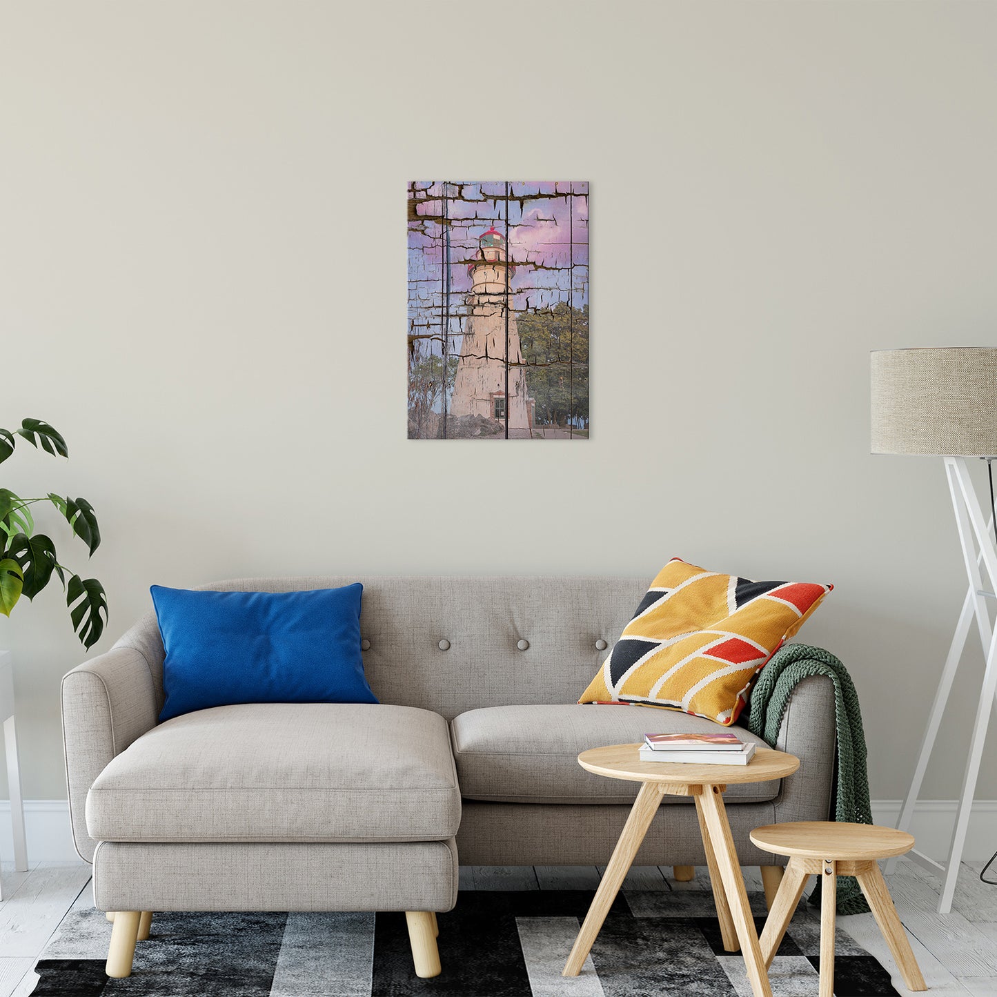 Faux Wood Texture Marblehead Lighthouse at Sunset Fine Art Canvas Wall Art Prints 20" x 24" - PIPAFINEART