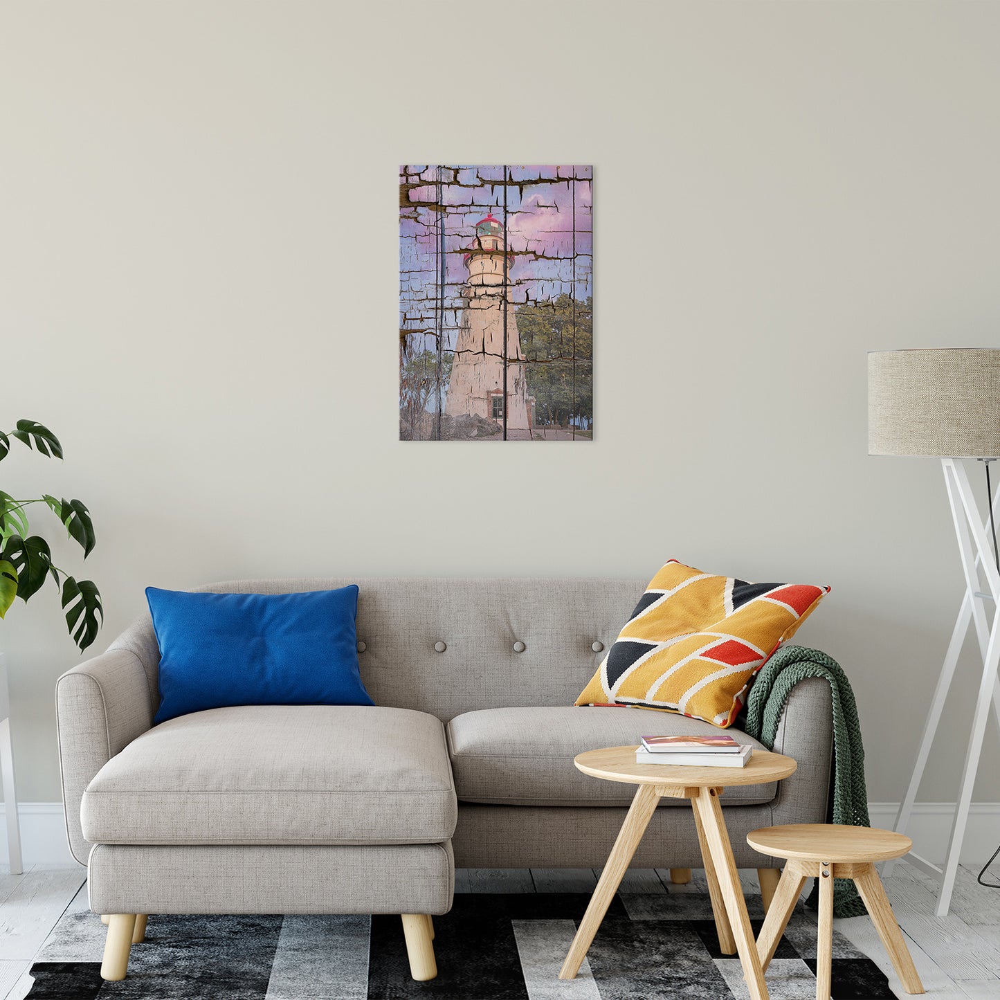 Faux Wood Texture Marblehead Lighthouse at Sunset Fine Art Canvas Wall Art Prints 20" x 30" - PIPAFINEART