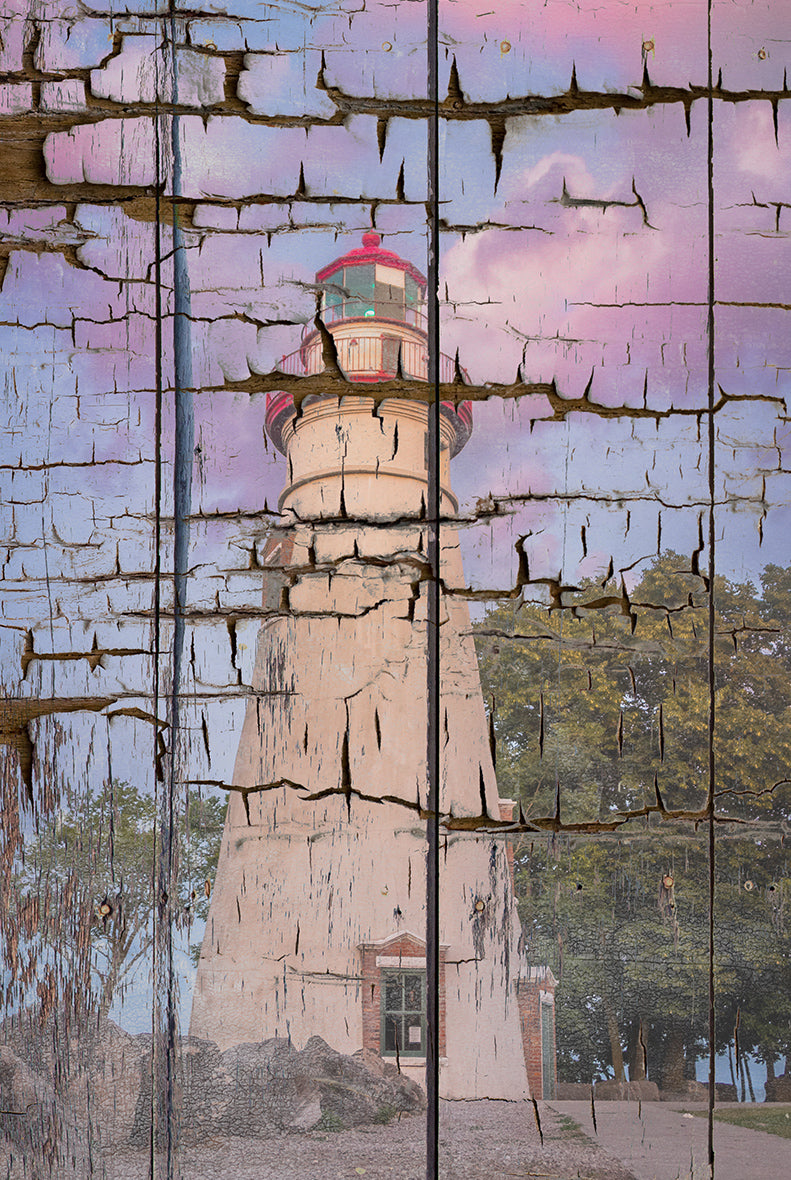 Faux Wood Texture Marblehead Lighthouse at Sunset Fine Art Canvas Wall Art Prints - PIPAFINEART