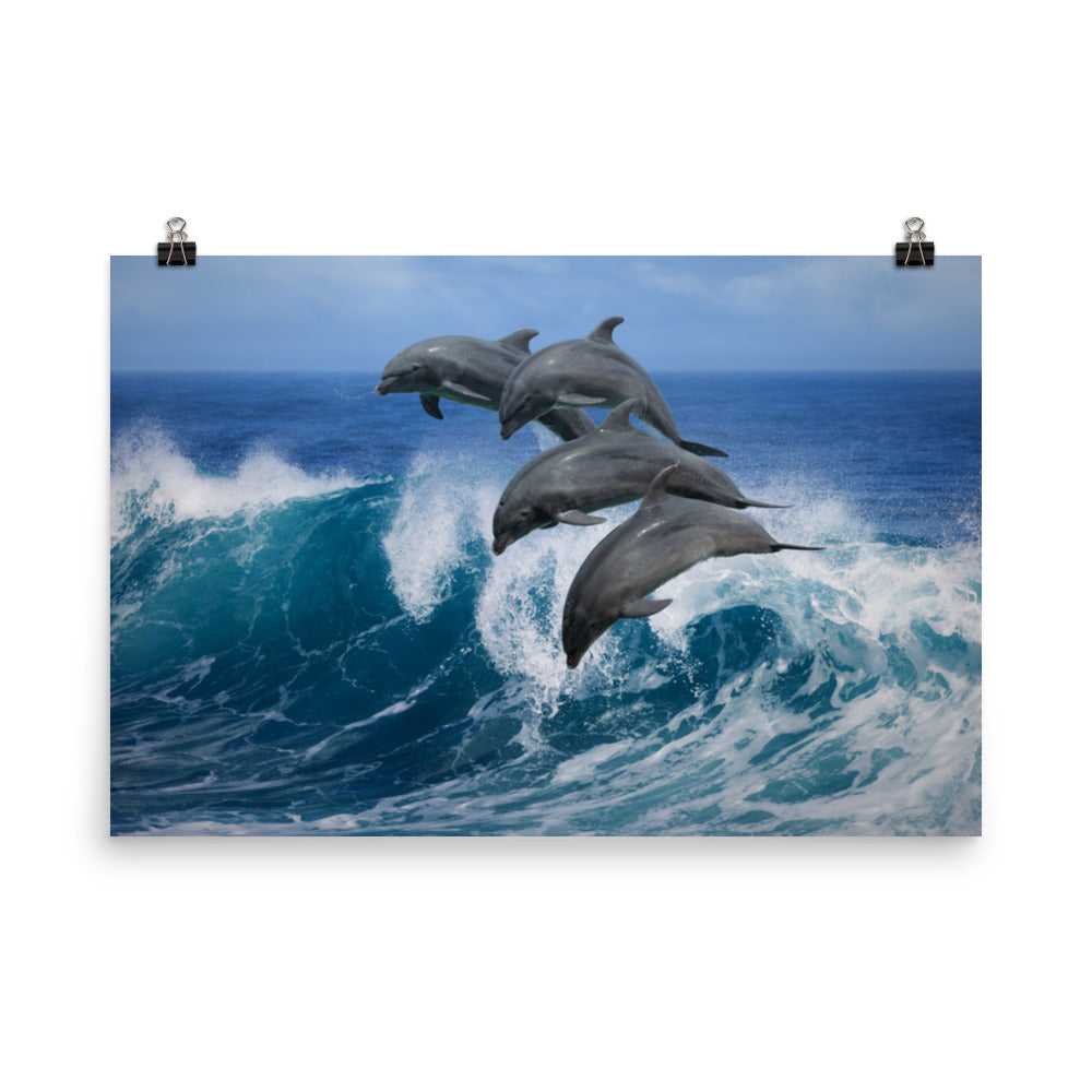 Four Bottle Noise Dolphins Jumping Waves In Tropical Blue Ocean Animal Wildlife Photograph Loose Wall Art Print
