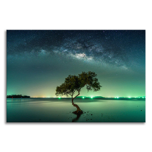 Glowing Milky Way Galaxy with Tree Canvas Wall Art Prints